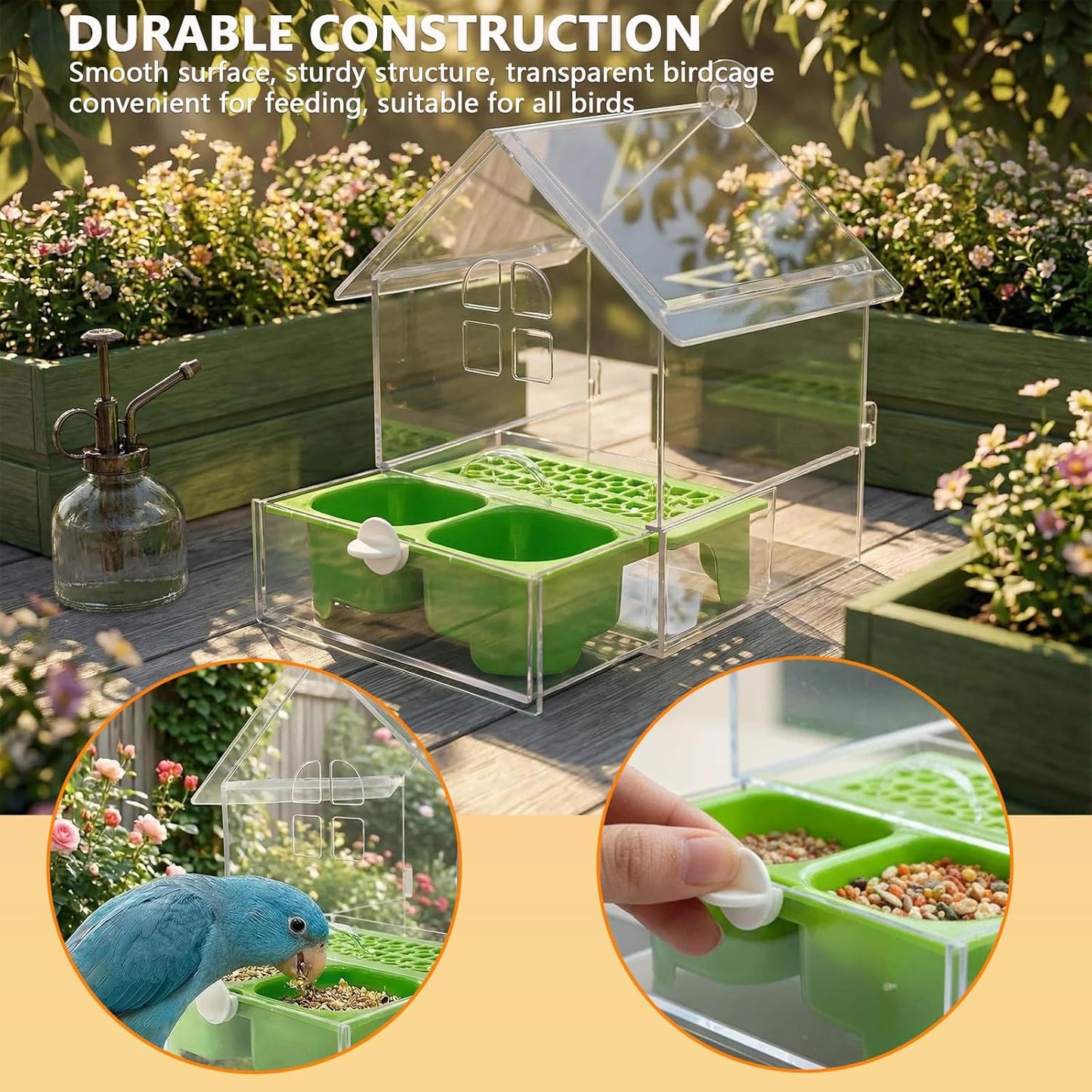 Pull-Out Transparent Bird Feeder with 2 Chambers - Easy Clean Hanging Feeder, Outdoor Window Feeding Station for Watching, Garden Yard Deck
