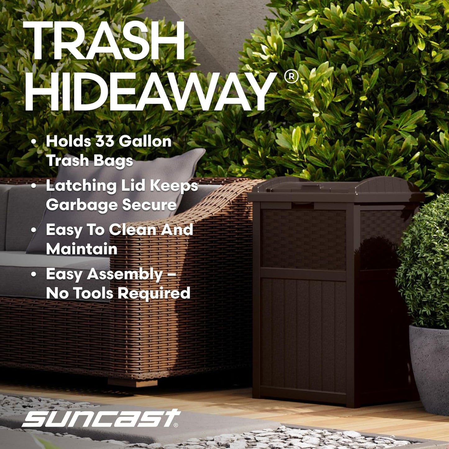 Suncast 33 Gallon Commercial Outdoor Trashcan Hideaway with Lid for 30