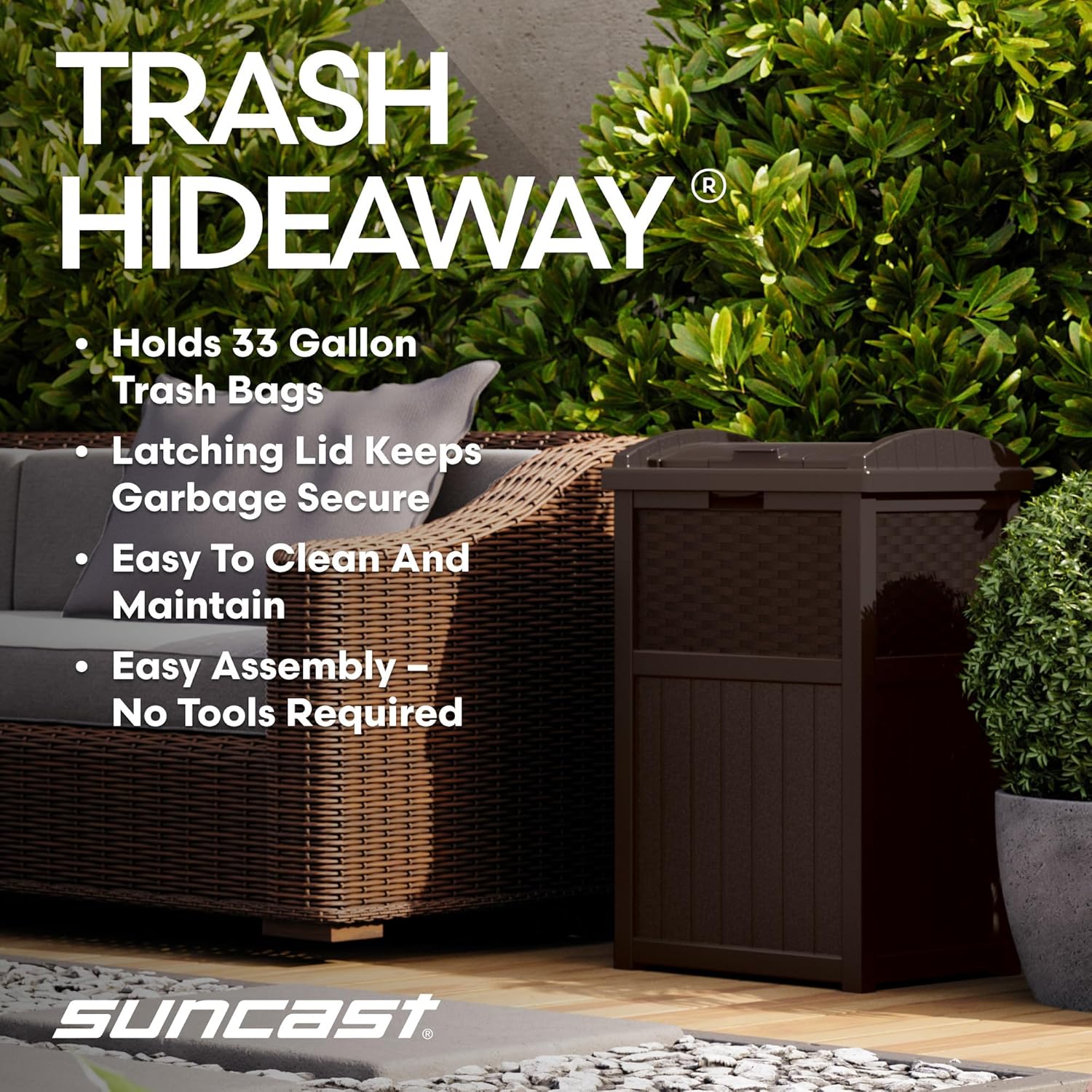 Suncast 33 Gallon Commercial Outdoor Trashcan Hideaway with Lid for 30