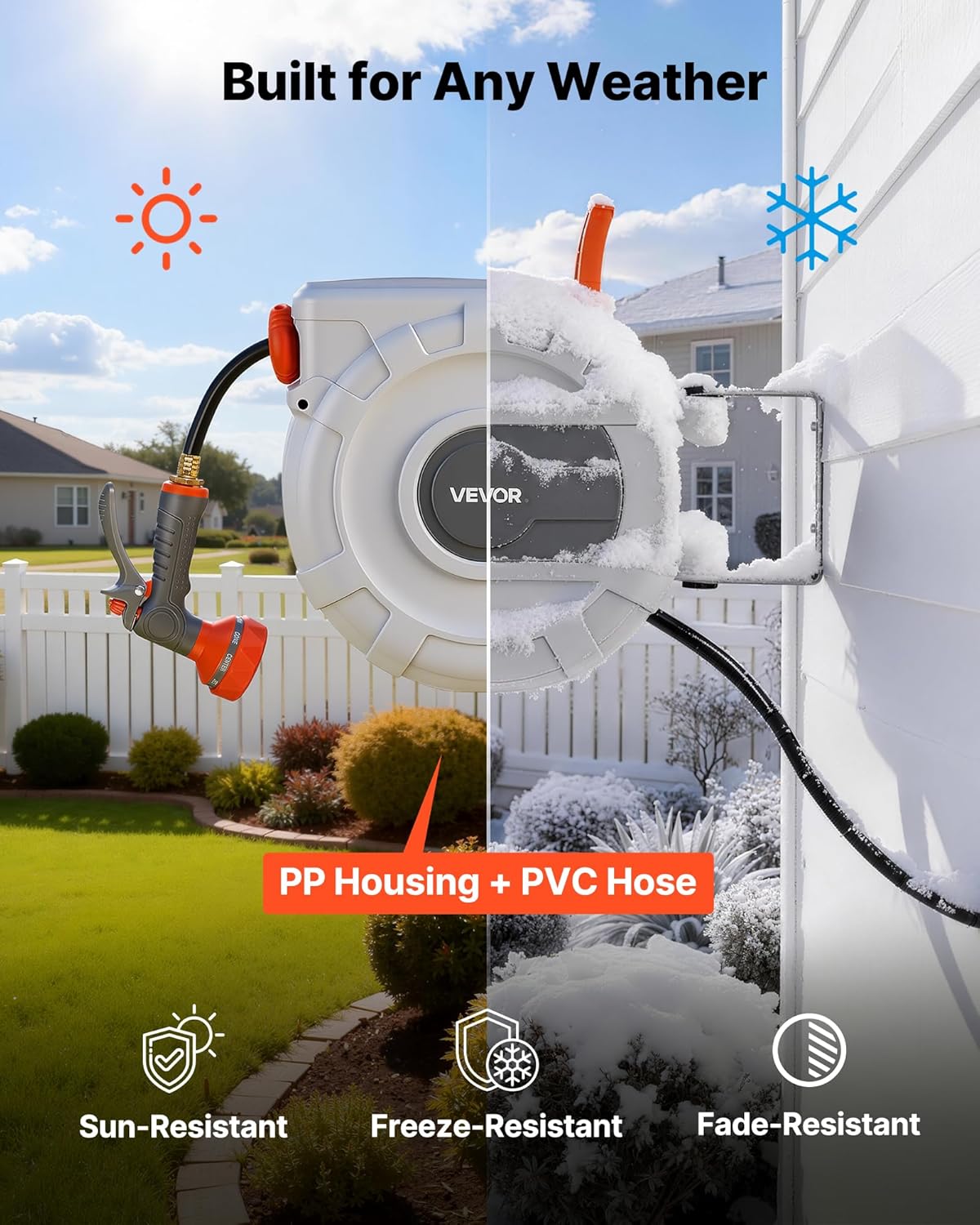 VEVOR Retractable Garden Hose Reel, 1/2 in x 50 ft, Wall Mounted Hose 