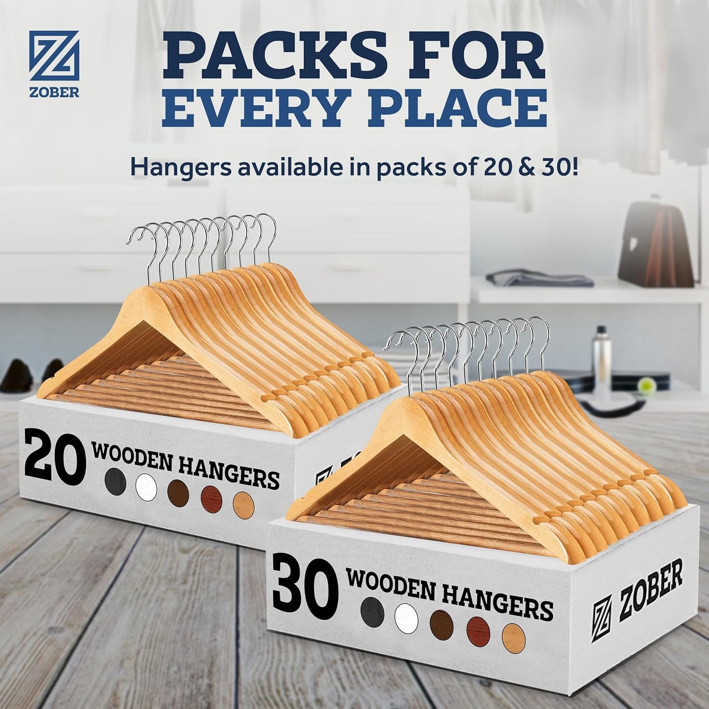 ZOBER High-Grade Wooden Hangers - Heavy Duty, Non Slip Wood Hangers for Coats, Jackets, Suits, & Pants - Clothes Hangers for Closet W/Bar and Notches 20 Pack