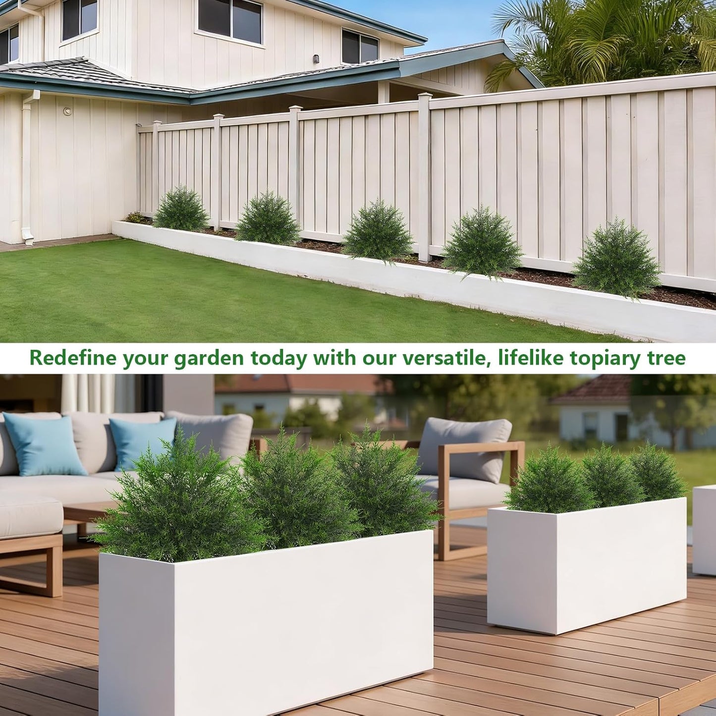 Artificial Cypress Topiary Bushes with Spike, 2 Pack Faux UV Resistant Cedar Ball Trees for Outdoor Planters, Fake Shrubs Plants for Porch Garden Decor