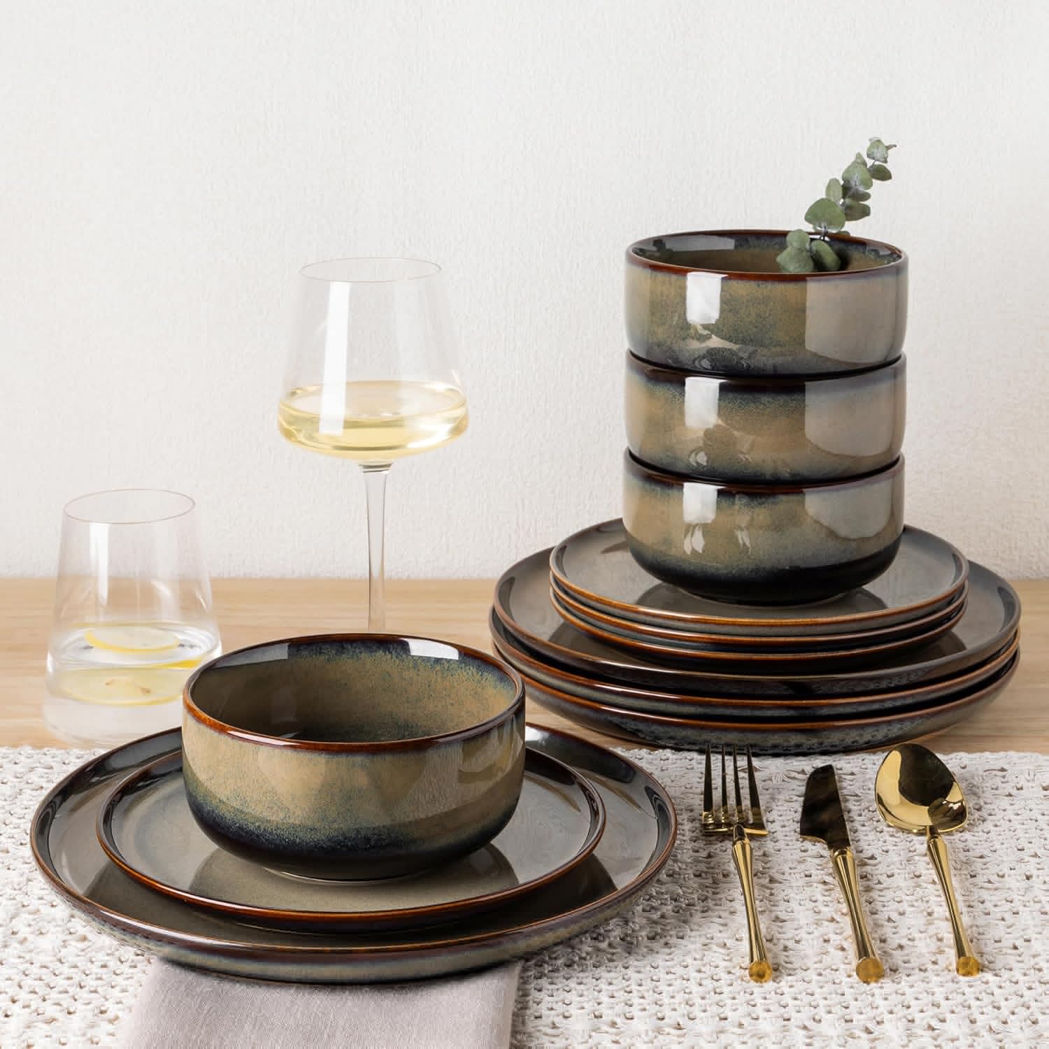 TheTerra Ceramic Dinnerware Sets for 4, 12 Pieces Handmade Reactive Gl