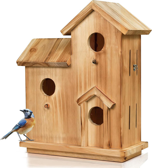 3-Chamber Wooden Bird House with Rope, Outdoor Bird Nesting Box with 3 Entry Holes, Multi-Level Shelter for Small Birds (Wood, 3 Chamber)