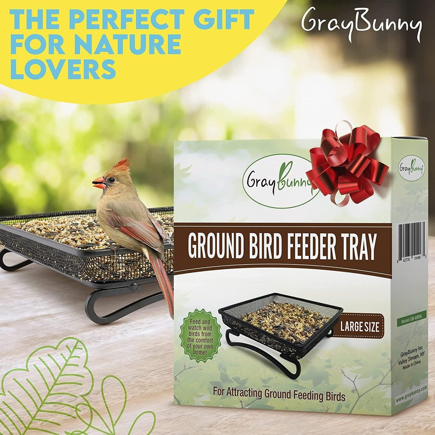 Gray Bunny Ground Bird Feeder Tray - Metal Platform Mesh Seed Tray for Standing Bird Feeders - Great Attracting Garden Yard Decoration for Wild Birds Squirrels Dove Cardinal Blue Jay Crows (11x11in)