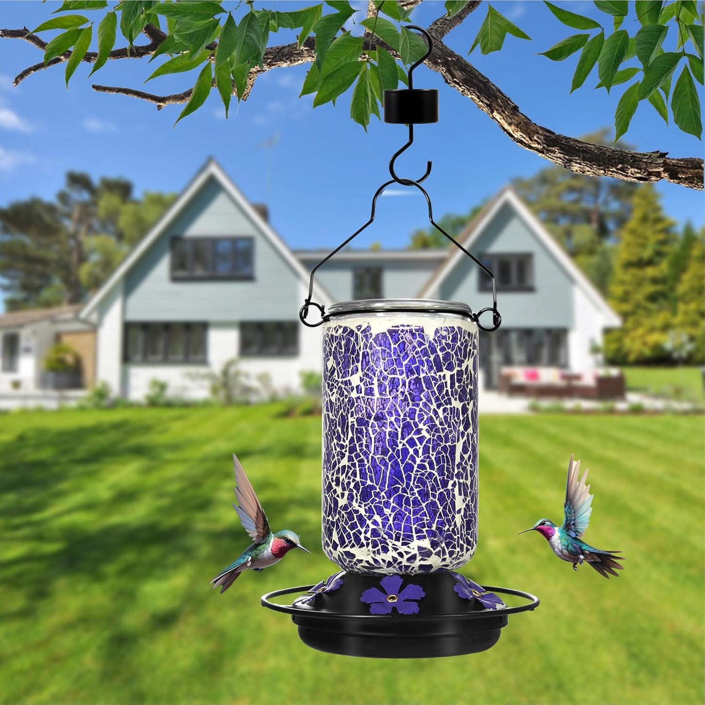 Glass Hummingbird Feeder,Purple Hummingbird Feeders for Outdoors Hanging, 19 Ounces, Mosaic Bottle Easy to Clean, 5 Feeding Ports, Ant Moat Included
