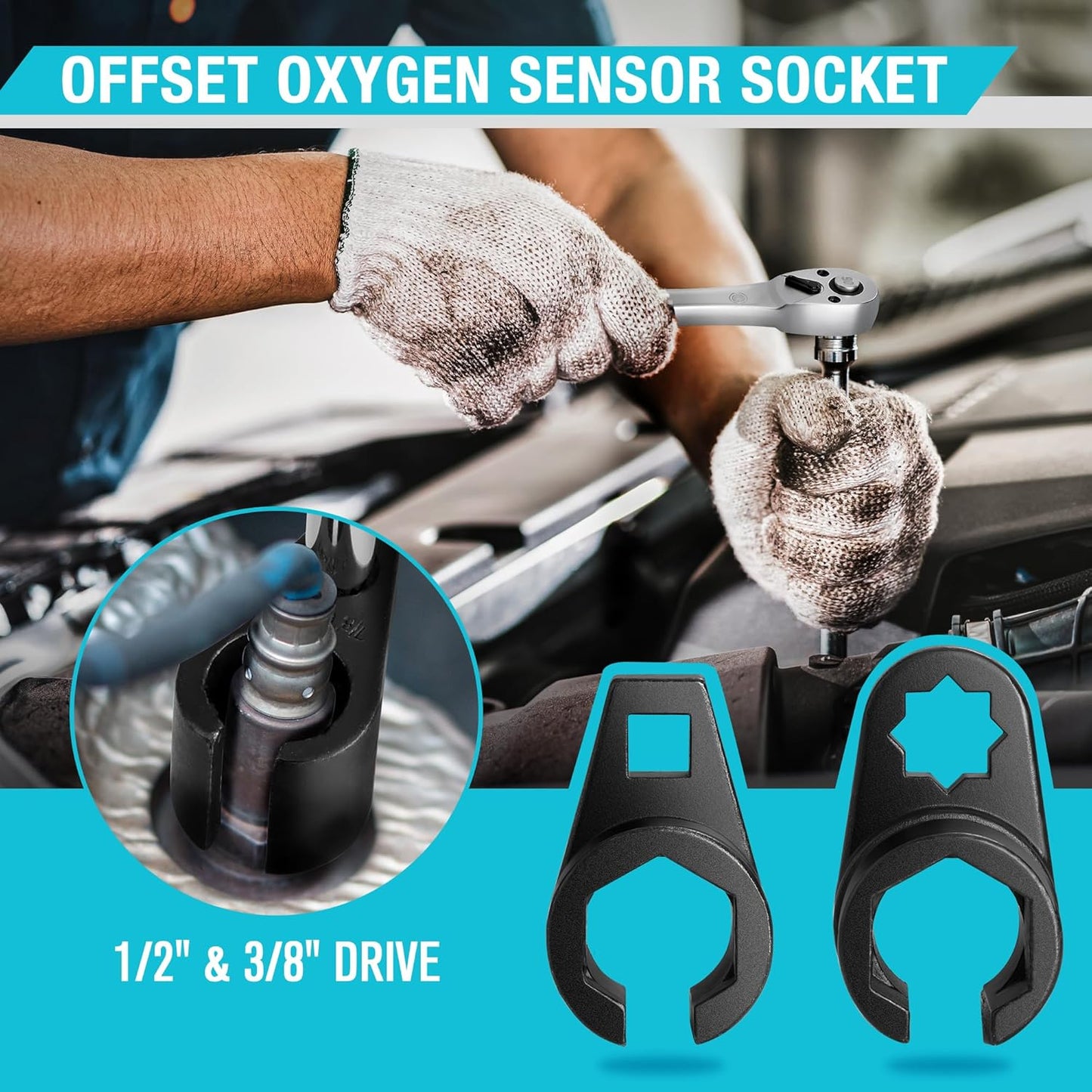DURATECH 5PCS O2 Oxygen Sensor Socket Thread Chaser Set, 3/8" 1/2" Dri