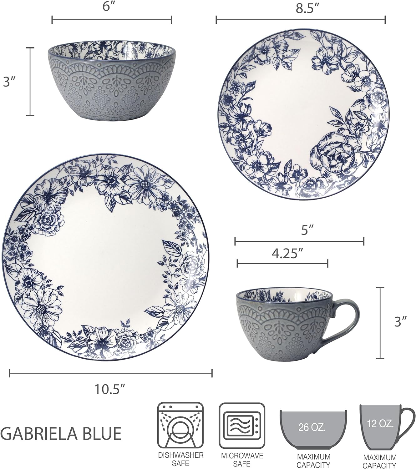 Pfaltzgraff Gabriela Blue 16-Piece Dinnerware Set, Service for 4, Dura
