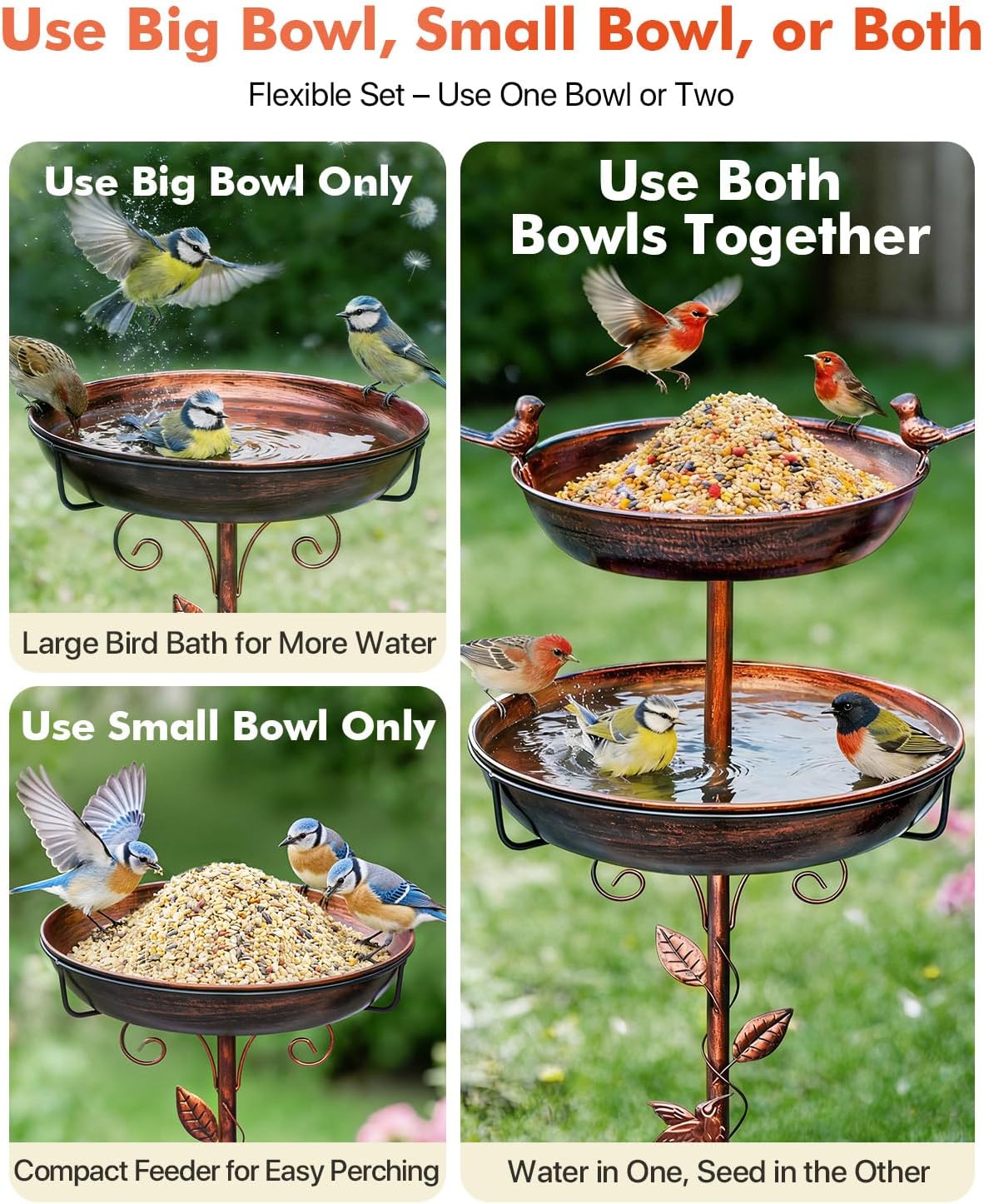 Metal Bird Bath for Outside - Outdoor Garden Decor Birdbath 2-Tier Water Bowl with Copper Finish Stake Adjustable Height 45'' Tall for Yard