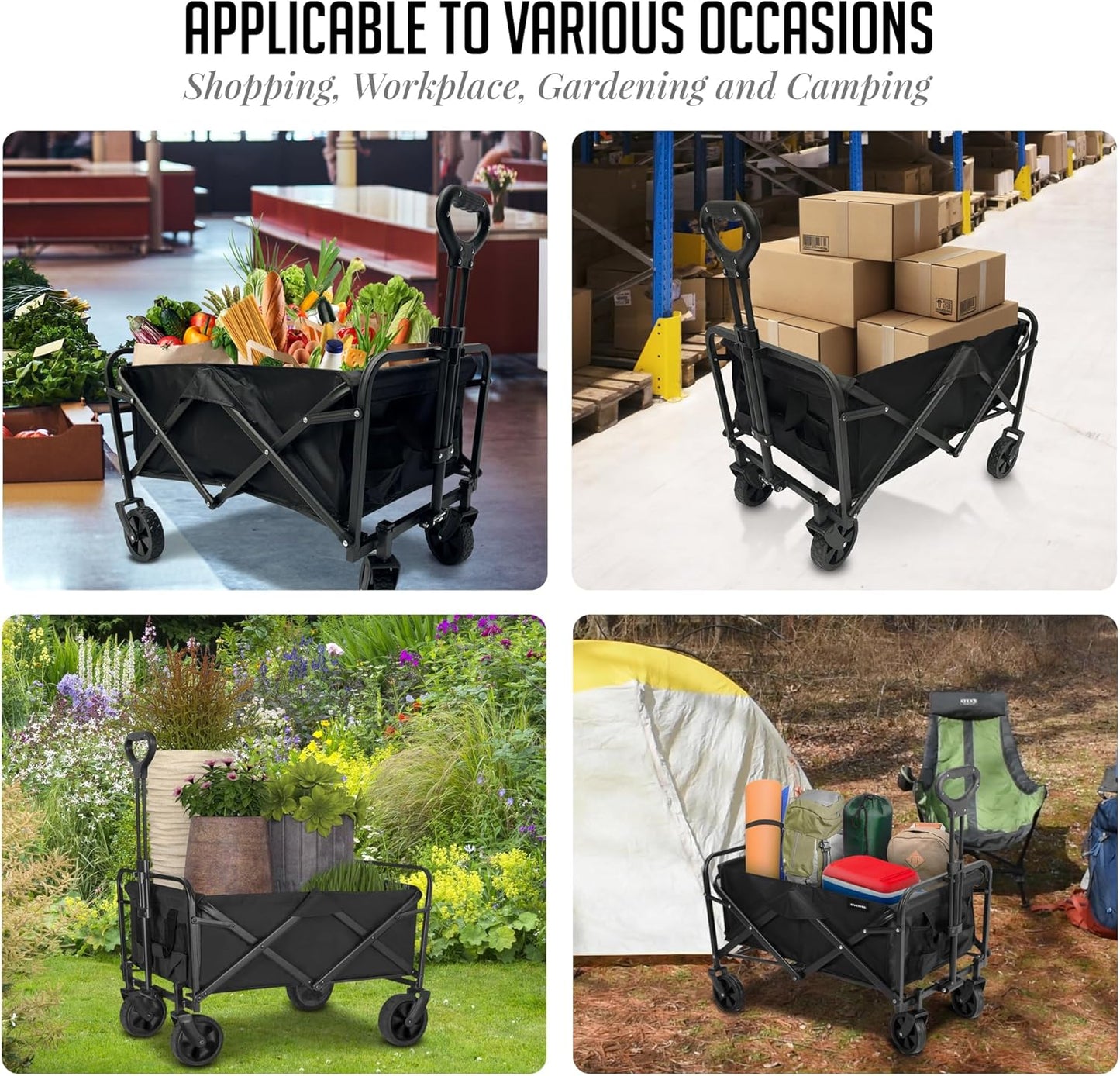 OVENTE Collapsible Foldable Wagon with 220lbs Weight Capacity, Heavy Duty Fabric and Metal Frame, Portable Folding Utility Cart for Grocery Shopping, Outdoor Sports, Beach and Camping, Black WFU011B