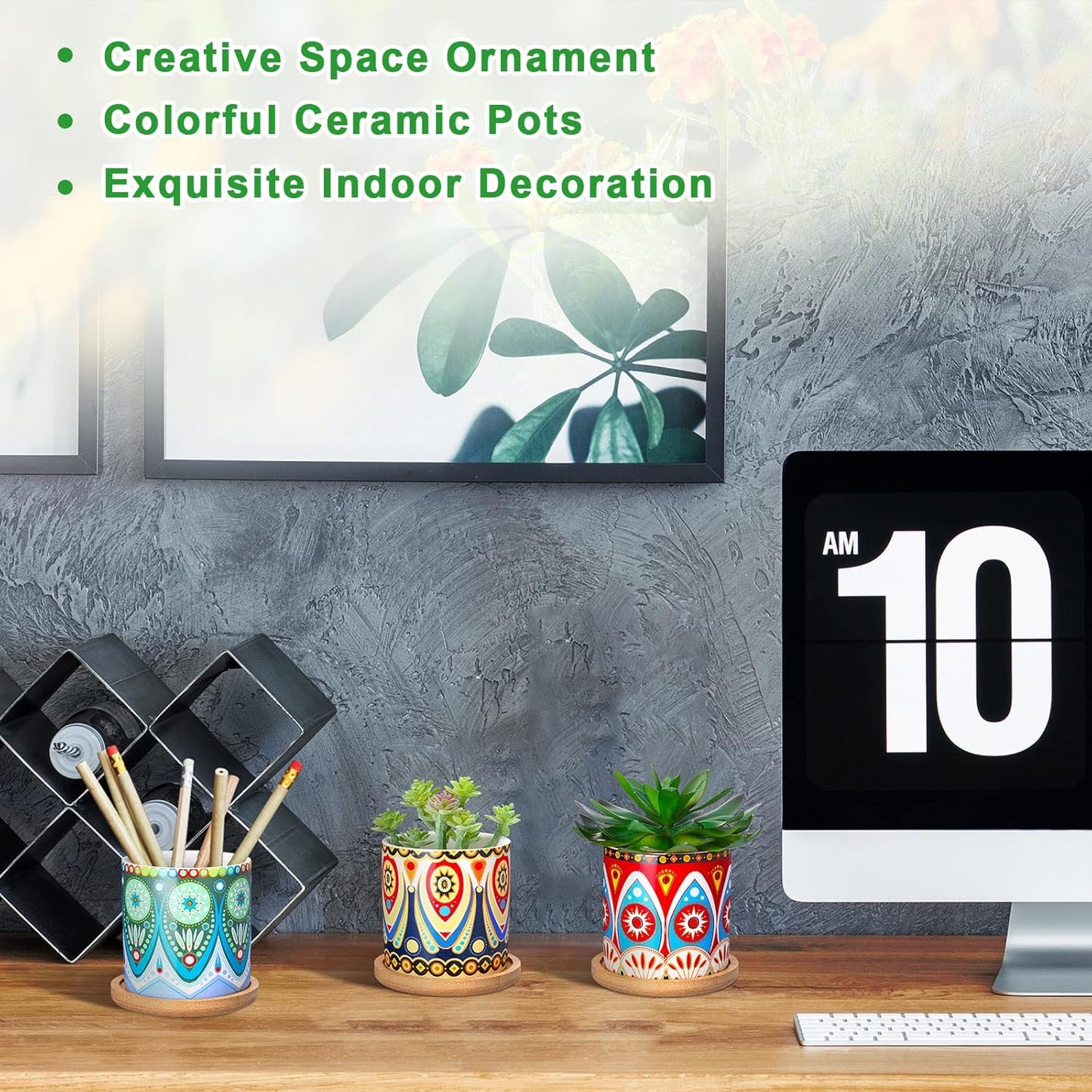 Zopeal 12 Pcs 3 Inch Mandala Ceramic Succulent Pots with Bamboo Trays, Small Indoor Cactus Planters with Drainage Holes for Desk, Windowsill and Home Decor