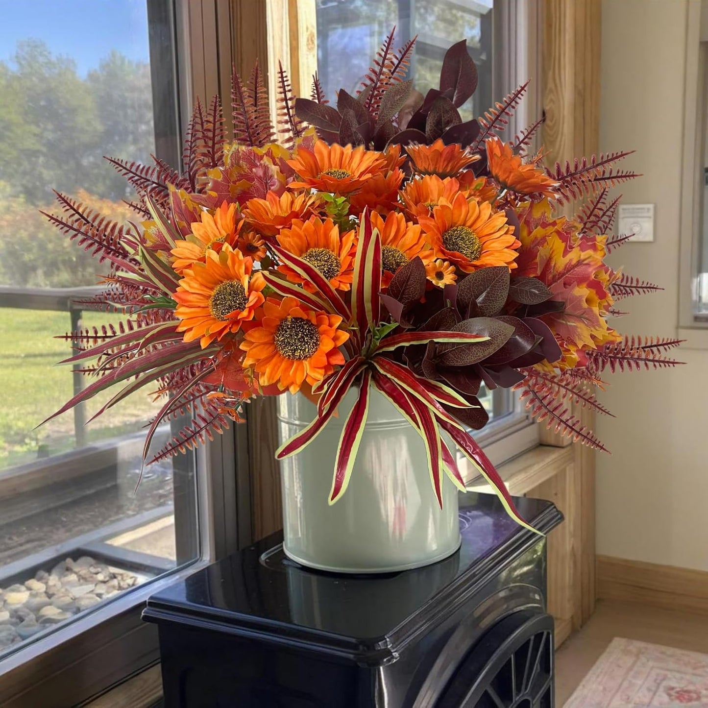 Artificial Sunflowers Flowers Faux Plants Greenery for Fall Thanksgiving Outdoor, 12 Bundles Fake Silk Bushes Foliage Look Real UV Resistant for Outside Planters Porch Pot Decor