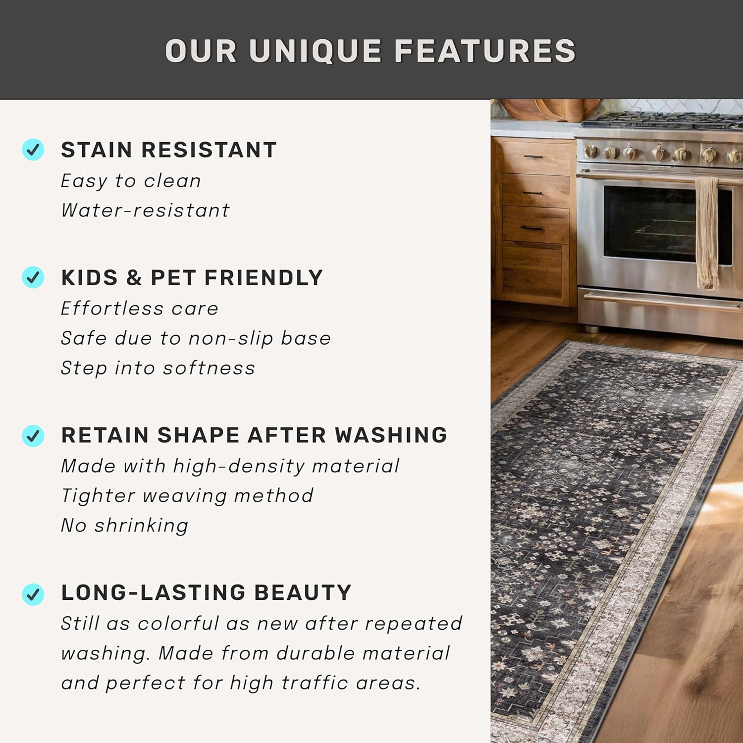 Black Boho Washable 2x6 Runner Rugs for Hallway Kitchen Bedroom Beside