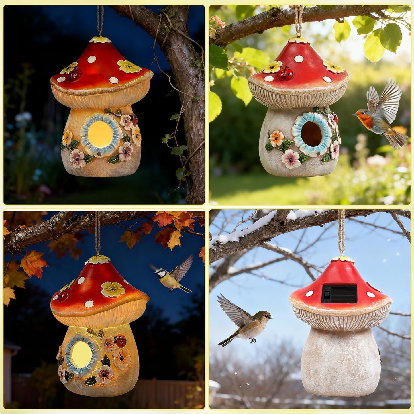 Garden Bird Houses for Outside with Solar Light, Bird Houses for Outside Hanging, Decorative Mushrooms Birdhouse for Bluebird Hummingbird Sparrow, Hummingbird Gifts for Women