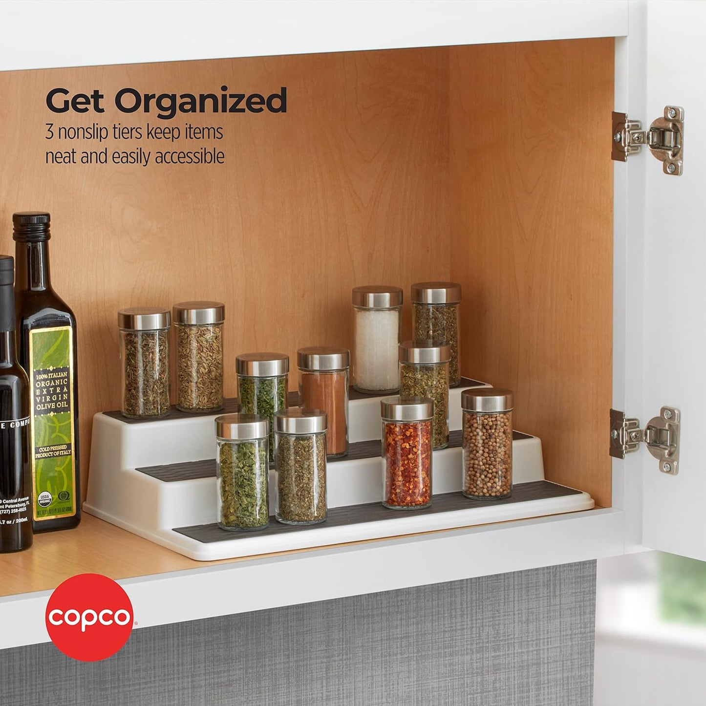 Copco 3-Tier Non-Skid Spice Rack Organizer for Kitchen Cabinet or Pantry, 15-Inch Tiered Shelf, White/Gray, Slip-Resistant Design for Jars and Bottles