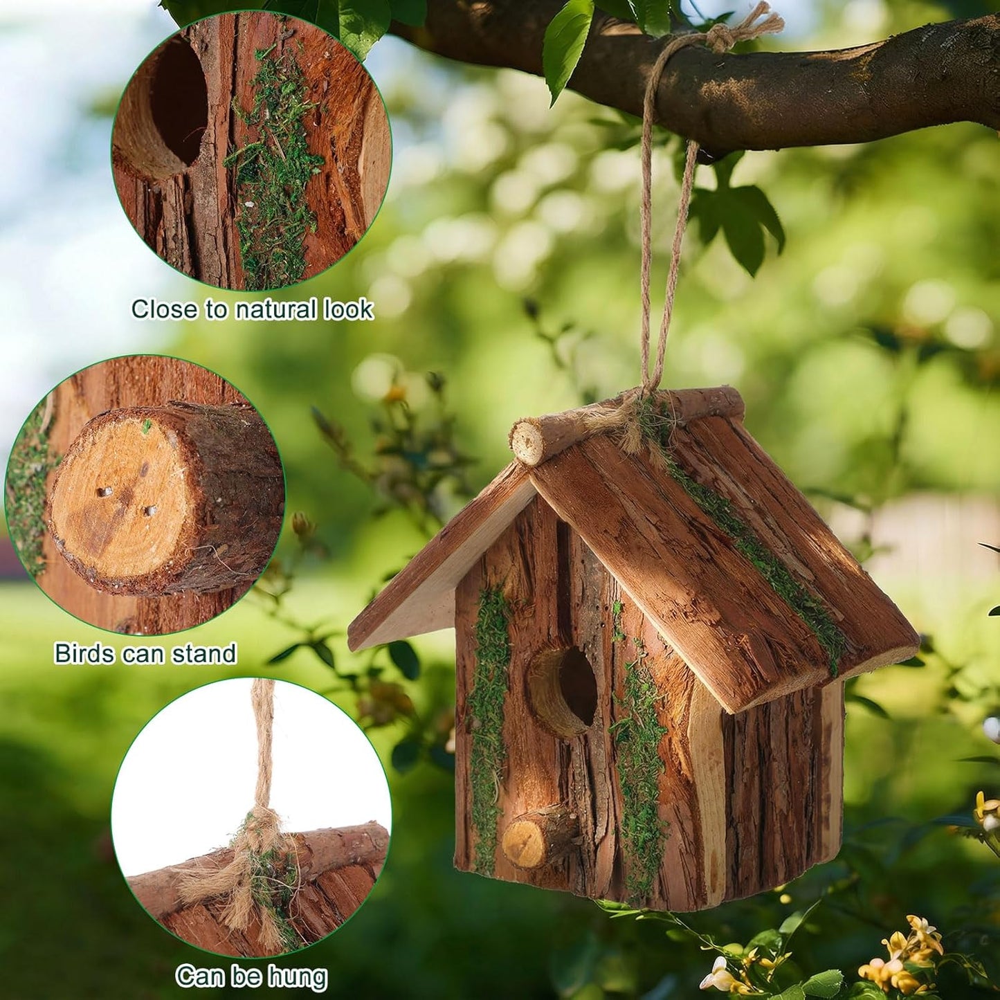 1 Pcs Birdhouses for Outside Wooden Bird House with Moss Accent Hanging Design Birdhouse Natural Bark Finish Warm and Waterproof Rustic Bluebird House Cardinal Wren Hummingbird Garden