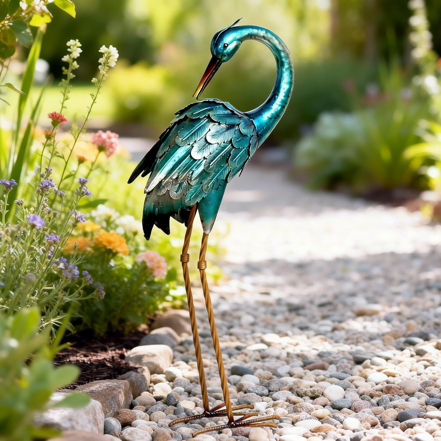 chisheen Crane Garden Statues, Metal Garden Crane Outdoor, Blue Heron Sculpture Metal Yard Art, Large Heron Decoy, Bird Statues, Lawn Ornaments for Backyard Pond Patio Porch Outside Decorations