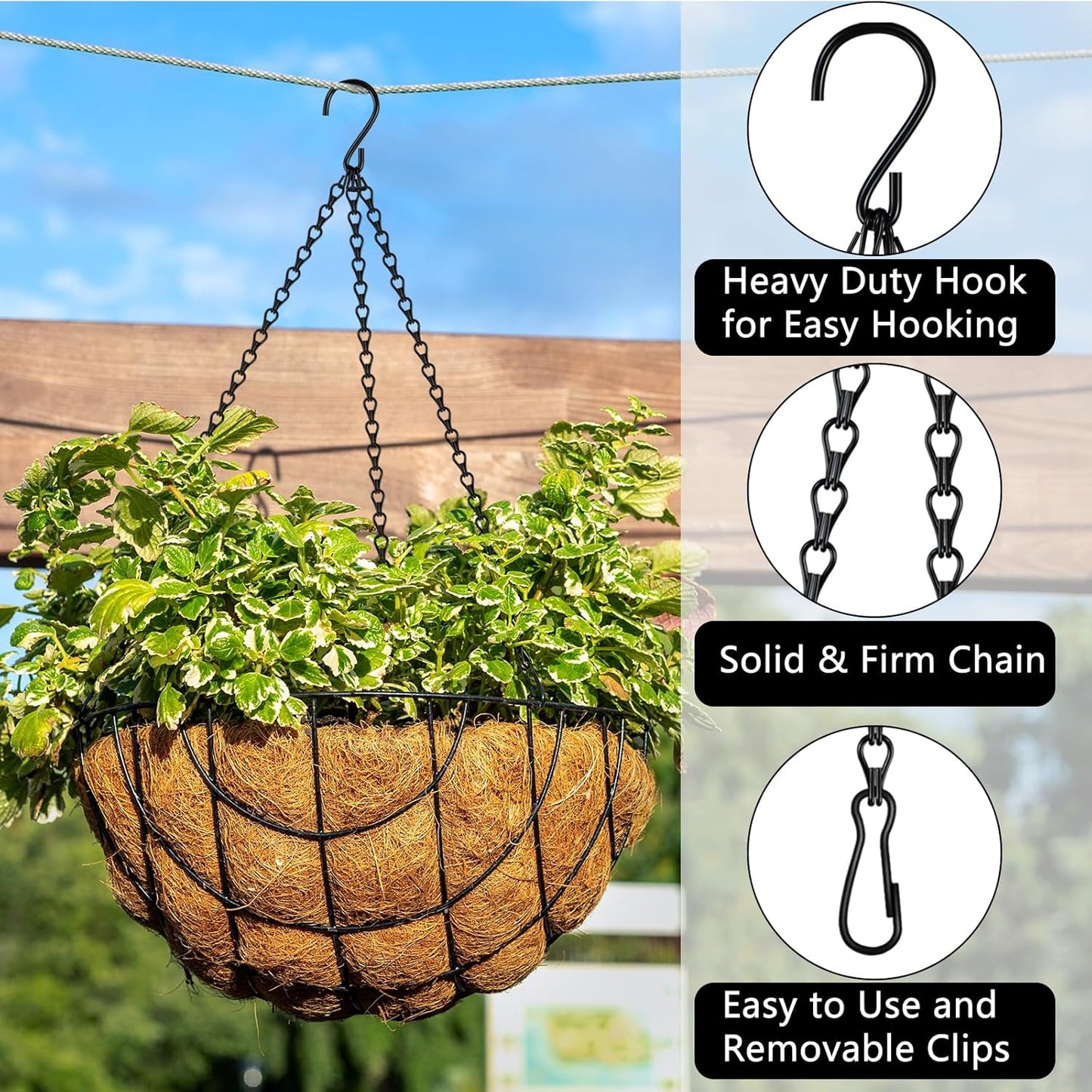 3 Pack 25.5 Inch Hanging Basket Chain, Black Hanging Chain with Hooks for Hanging Bird Feeders, Billboards, Chalkboards, Basket, Planters, Lanterns, Wind Chimes and Decorative, Indoor Outdoor Use