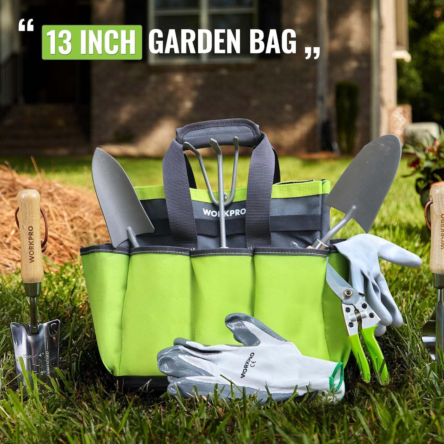 WORKPRO Garden Tool Bag with Waterproof Plastic Base, 8 Pockets Garden