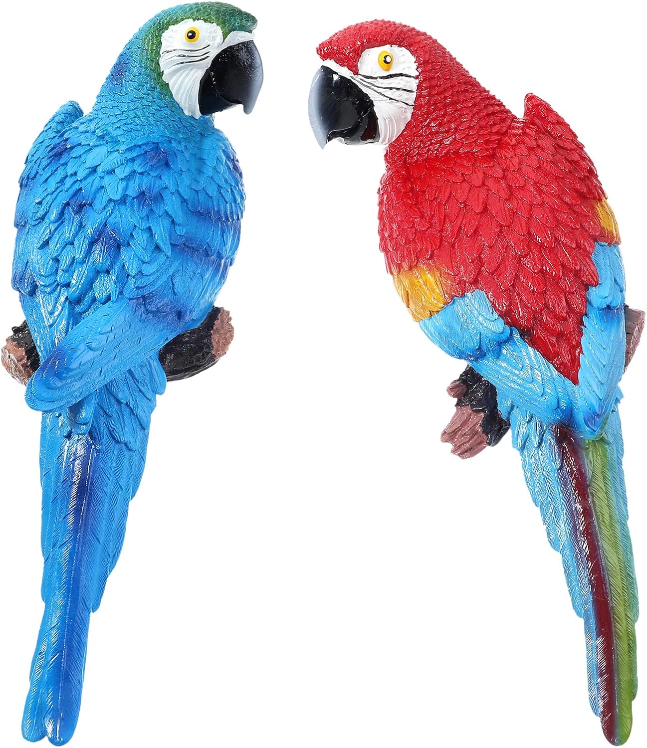 2 Pieces Parrot Decor Outdoor Tiki Bar Decorations Large Realistic Parrot Statues for Outside Lifelike Bird Sculptures Garden Patio Yard Lawn Figurines for Tropical Animal Tree Wall (Red,Blue)