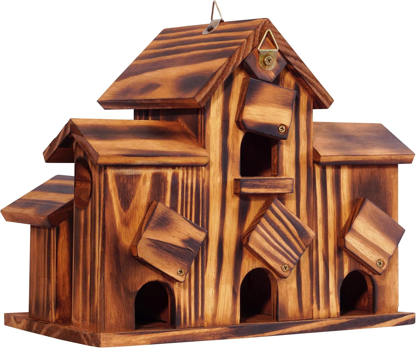 MIXUMON Wooden Bird Houses for Outside – 6 Rooms Multi-Chamber Bird House, Carbonized Pine Rustic Finish, 1.57" Entrance Holes, Cleaning Doors for Each Room, Decorative Outdoor Bird Nesting Box