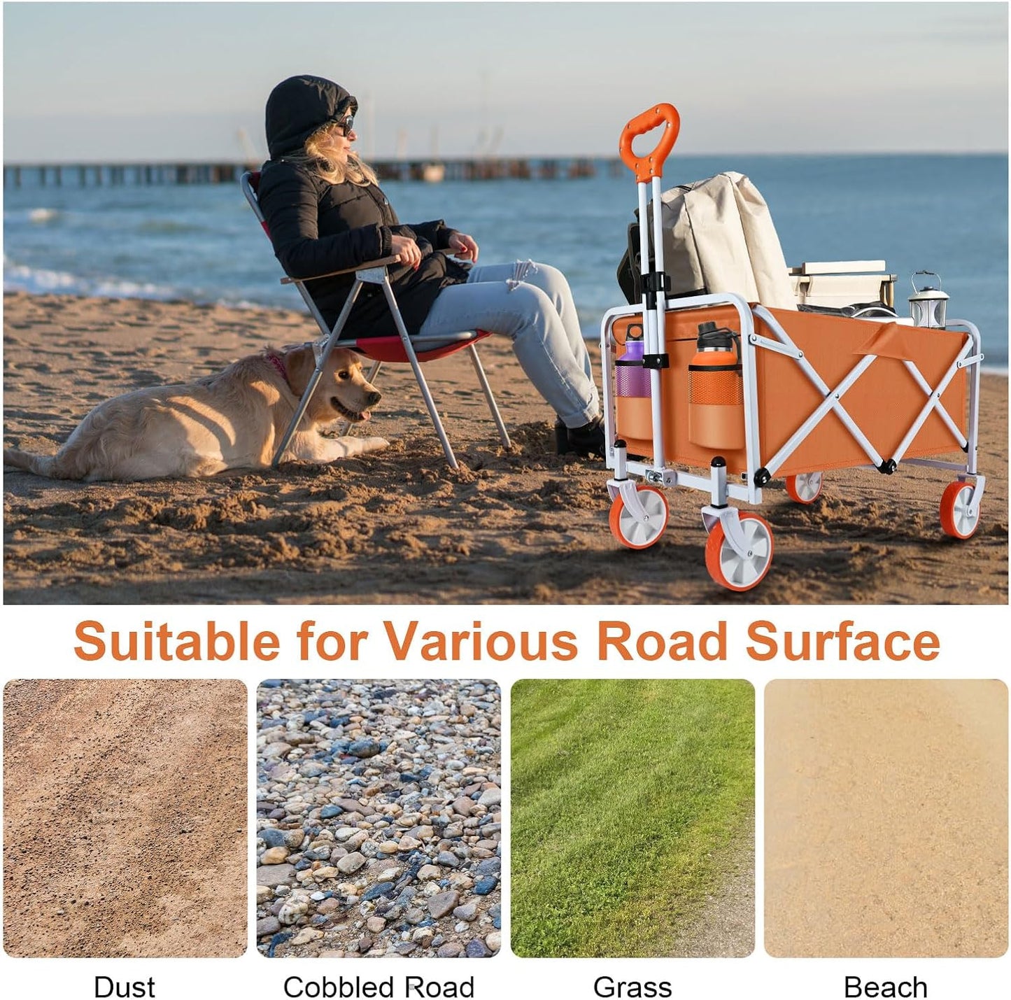 Foldable Wagons Carts with Wheels - Portable Collapsible Heavy Duty Beach Wagon, Large Capacity and Utility Lightweight Wagon Cart for Outdoor Garden Camping Groceries Shopping Picnic Sport (Orange)