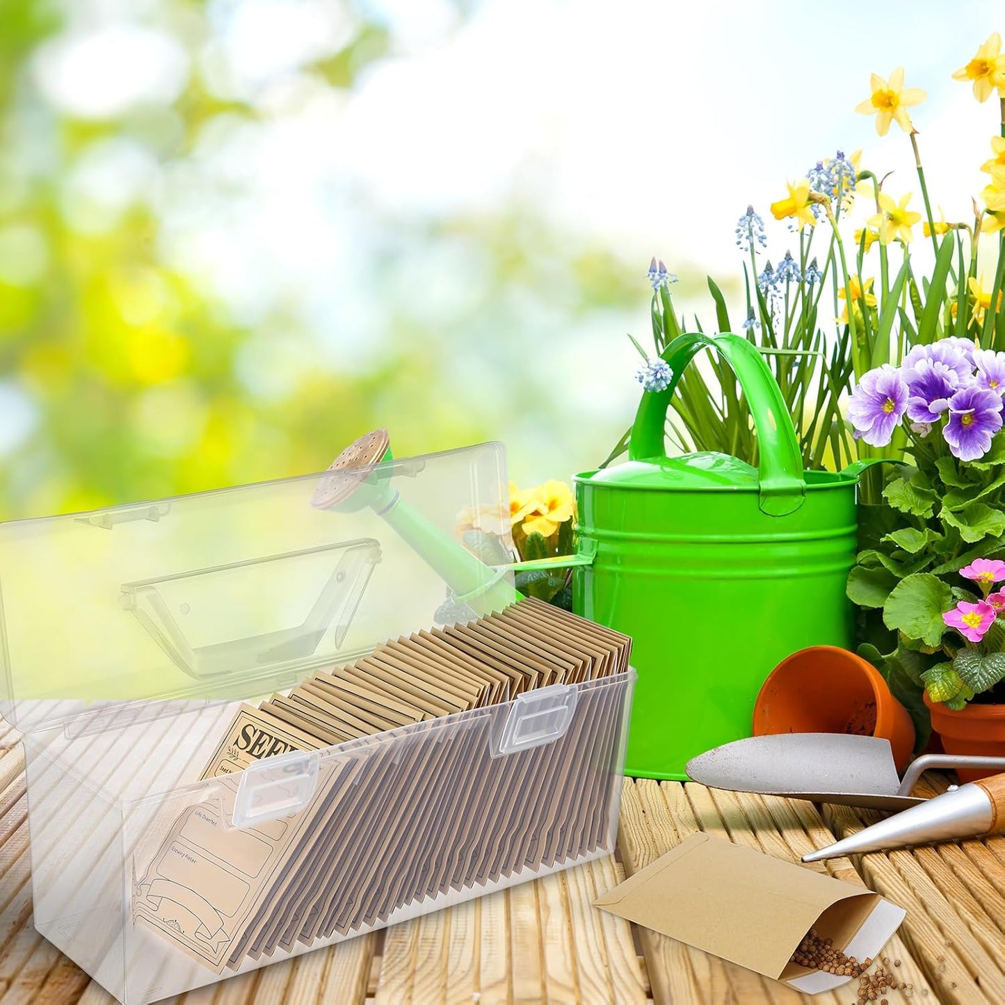Plastic Clear Seed Storage Organizer Box with Handle, 1 Seed Saving Packet Container Box with 200 Envelopes and 50 Stickers for Plant Flower Vegetable Garden Lover Gifts