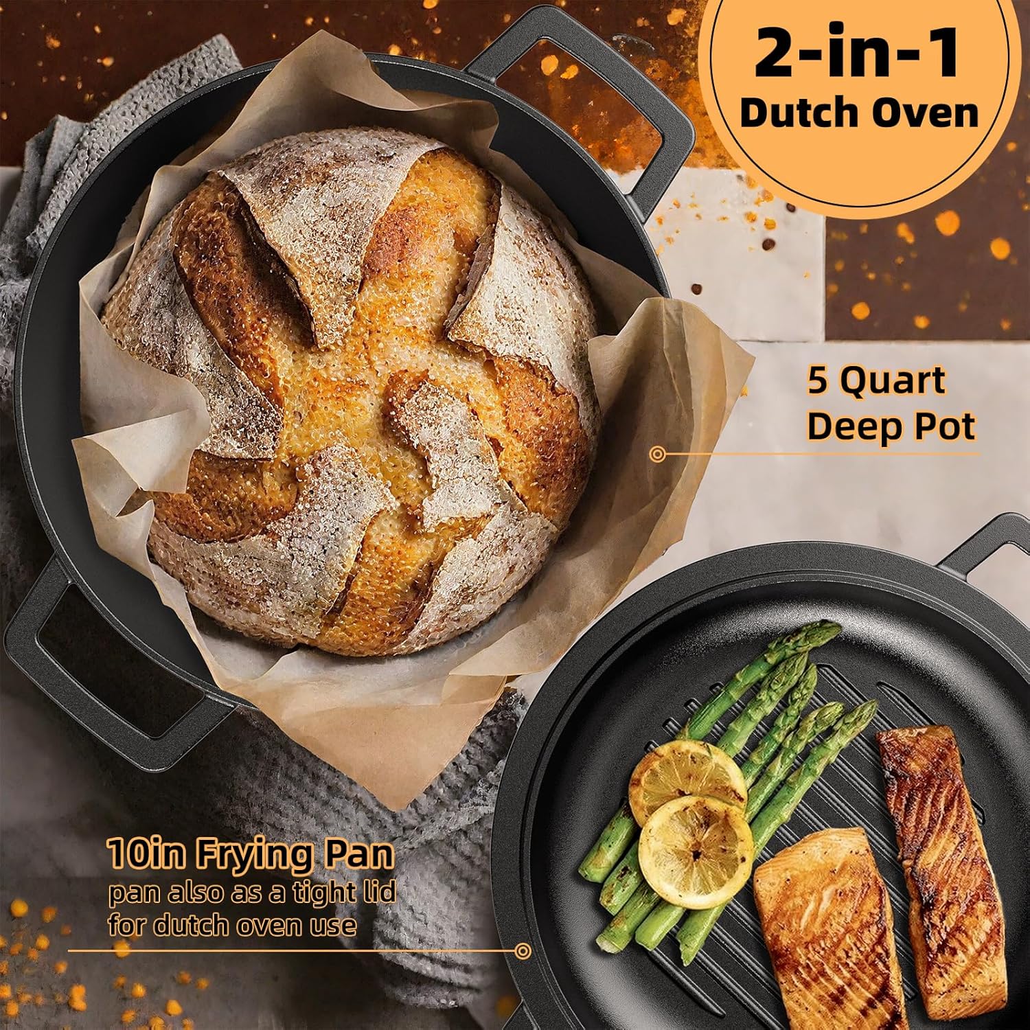 Cast Iron Dutch Oven Pot with Skillet Lid – Pre-Seasoned – Skillet Lid