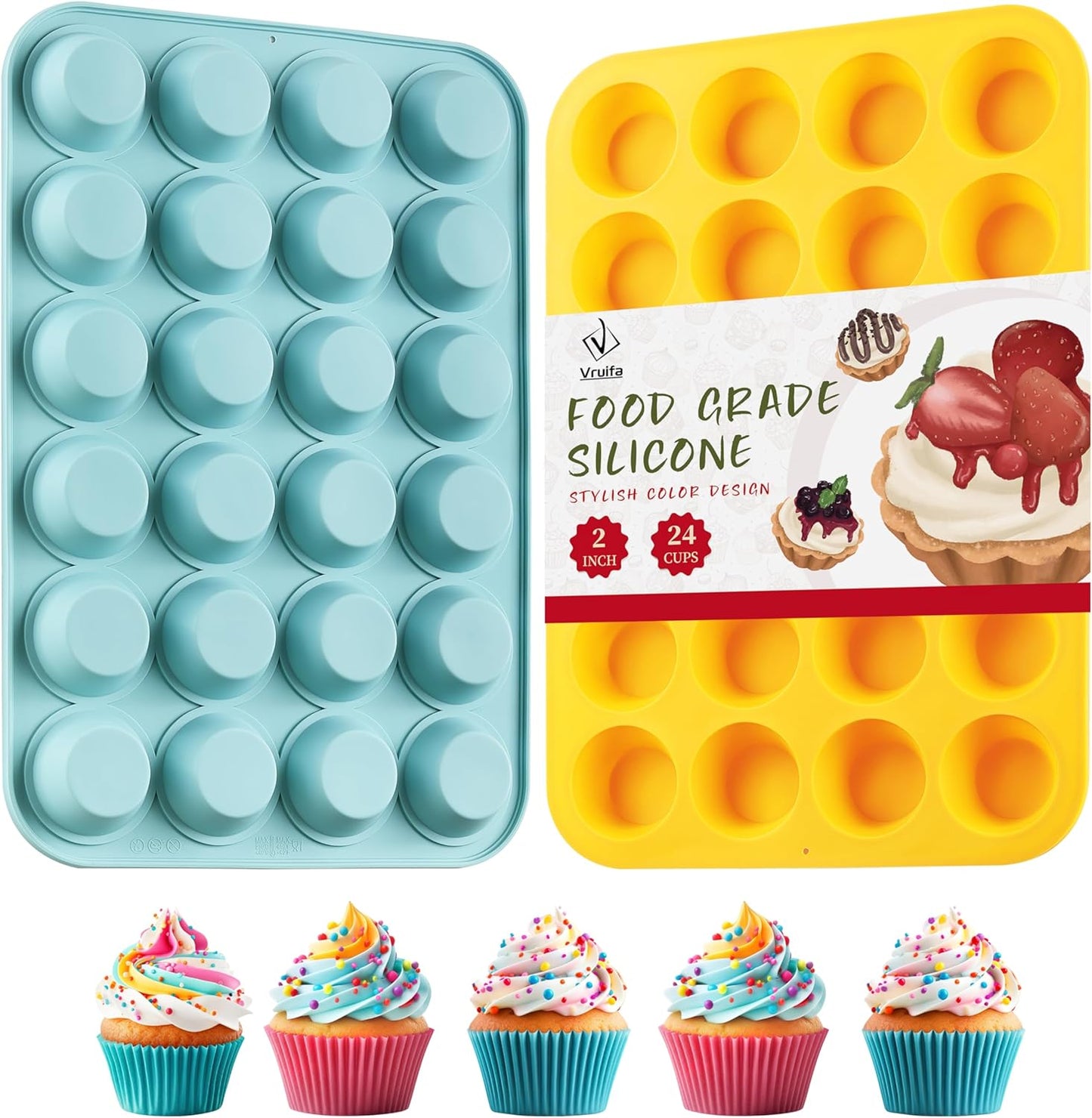 2PCS Silicone Mini Muffin Pan, 24 Cups Nonstick Mini Cupcake Pan for Baking, BPA Free and Dishwasher Safe, Great for Making Muffin Cakes, Tart, Bread and Egg Bites