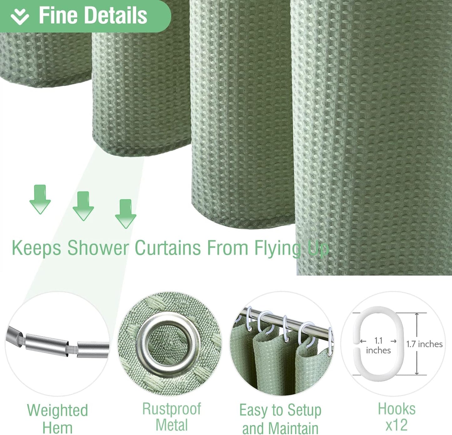 Dynamene Sage Green Shower Curtain - Waffle Textured Heavy Duty Thick Fabric Shower Curtains for Bathroom, 256GSM Luxury Weighted Polyester Cloth Bath Curtain Set with 12 Plastic Hooks，72Wx72H,Green