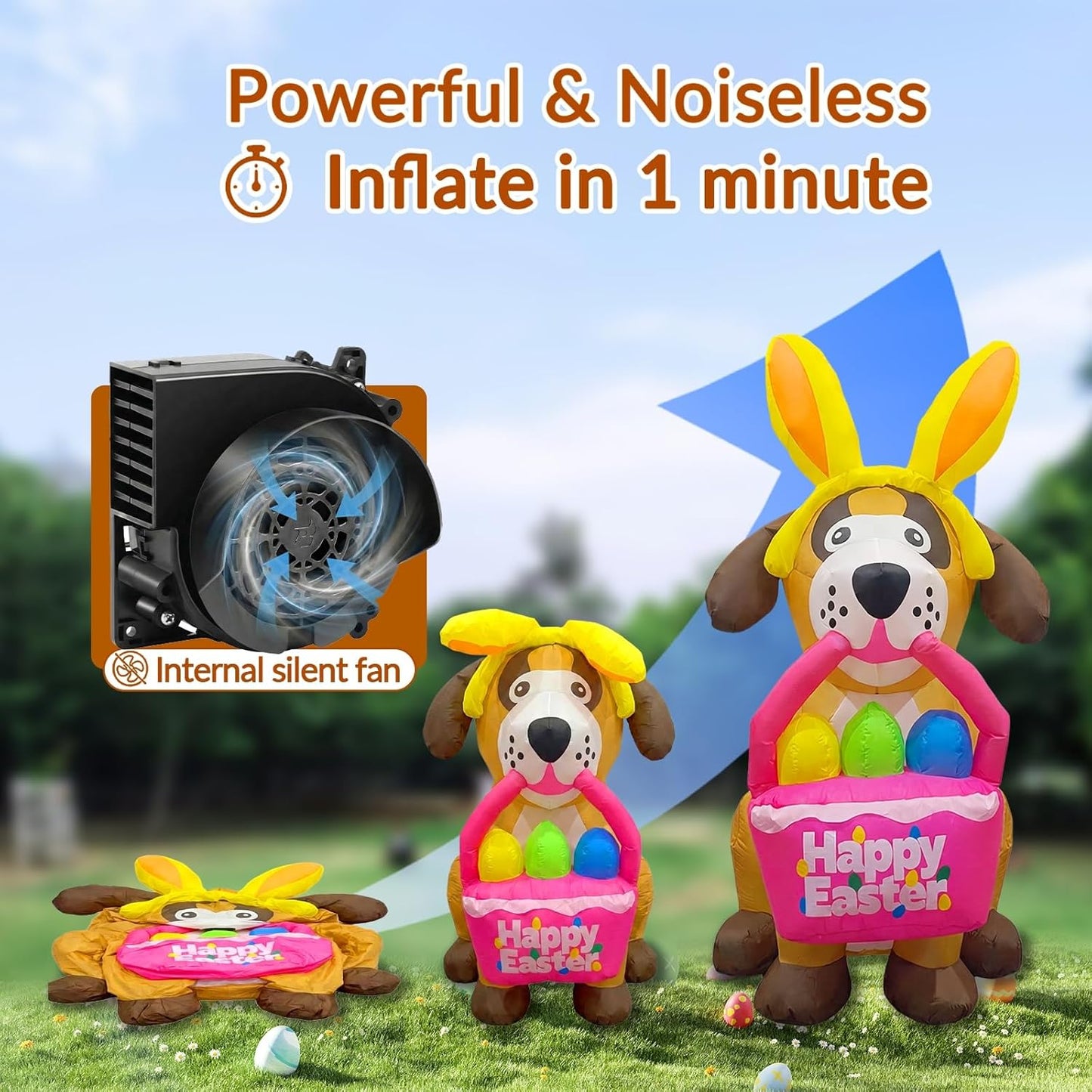 6 FT Easter Inflatables Dog Outdoor Decorations with Bunny Ears, Blow Up Easter Dog Holding Eggs Basket with Build-in LED Lights, Giant Spring Holiday Inflatable Yard Decor for Lawn Garden