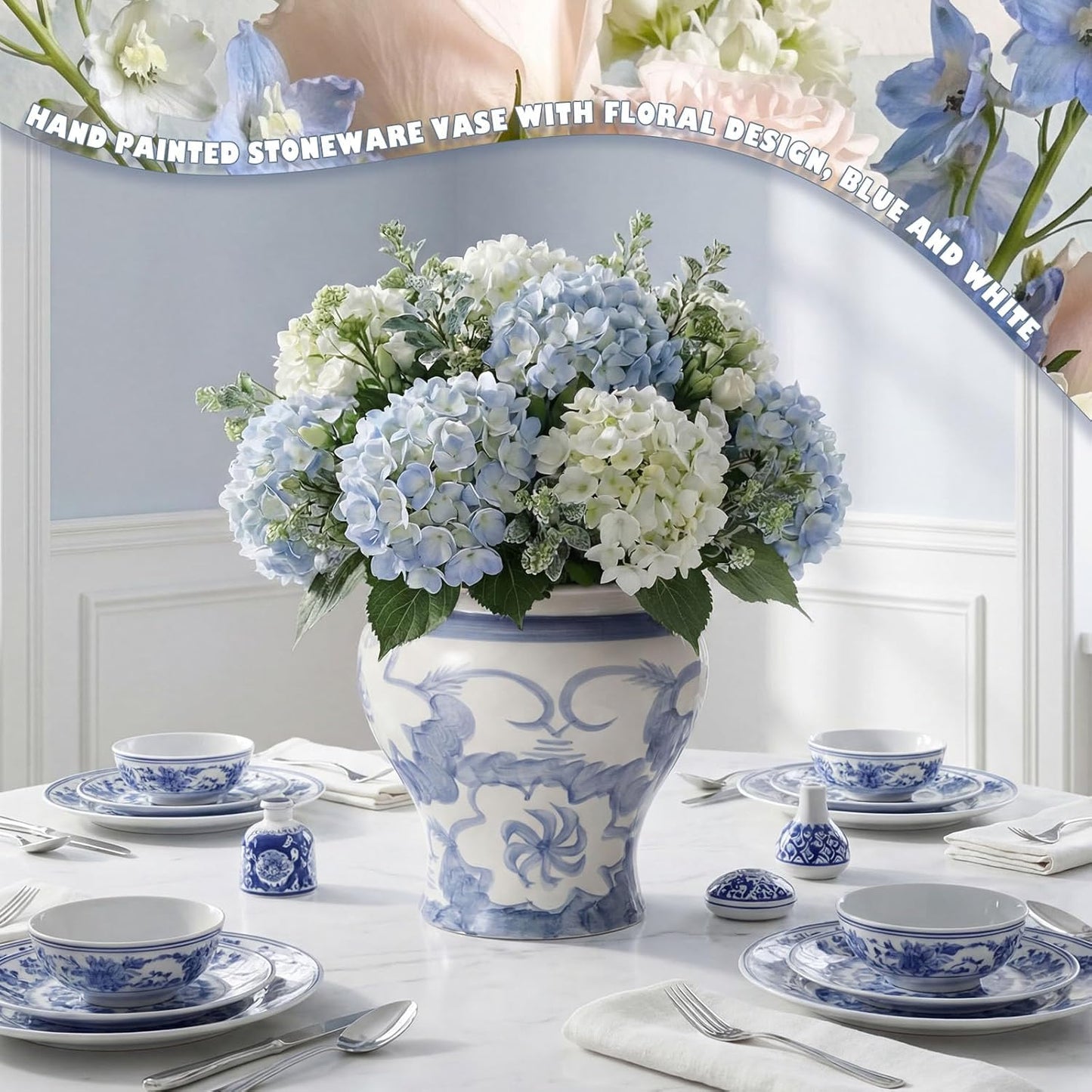 12'' Ceramic Blue and White Planter Large Chinoiserie Vase Plant Pot Indoor Porcelain Flower Pot Urn Scroll Vase with Drainage Hole Chinese Oriental Decorative Gift for Gardening Home