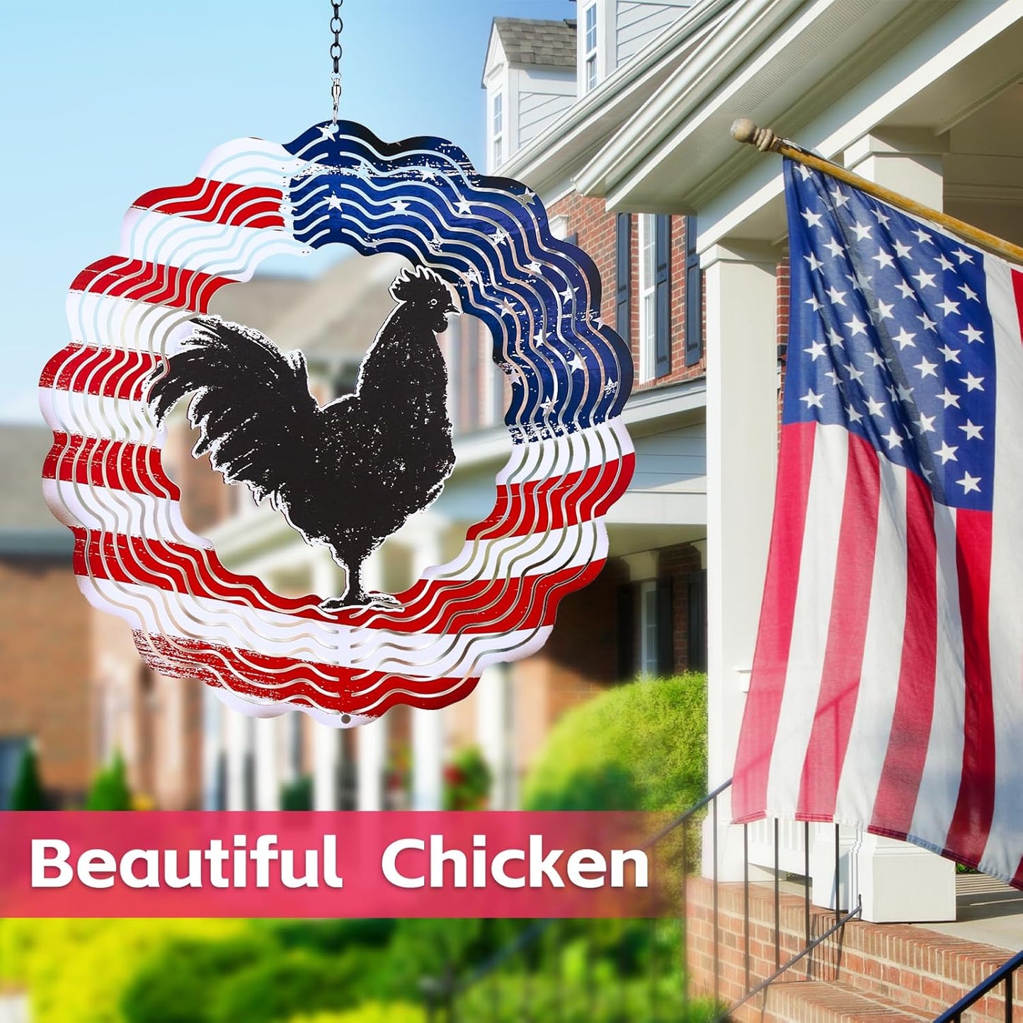 Chicken Wind Spinners 3D Hanging American Flag Wind Spinner Garden Ornament Gifts,12inch Metal Wind Kinetic Sculpture for Outdoor&Indoor,Yard Art,Garden Silhouette Decoration