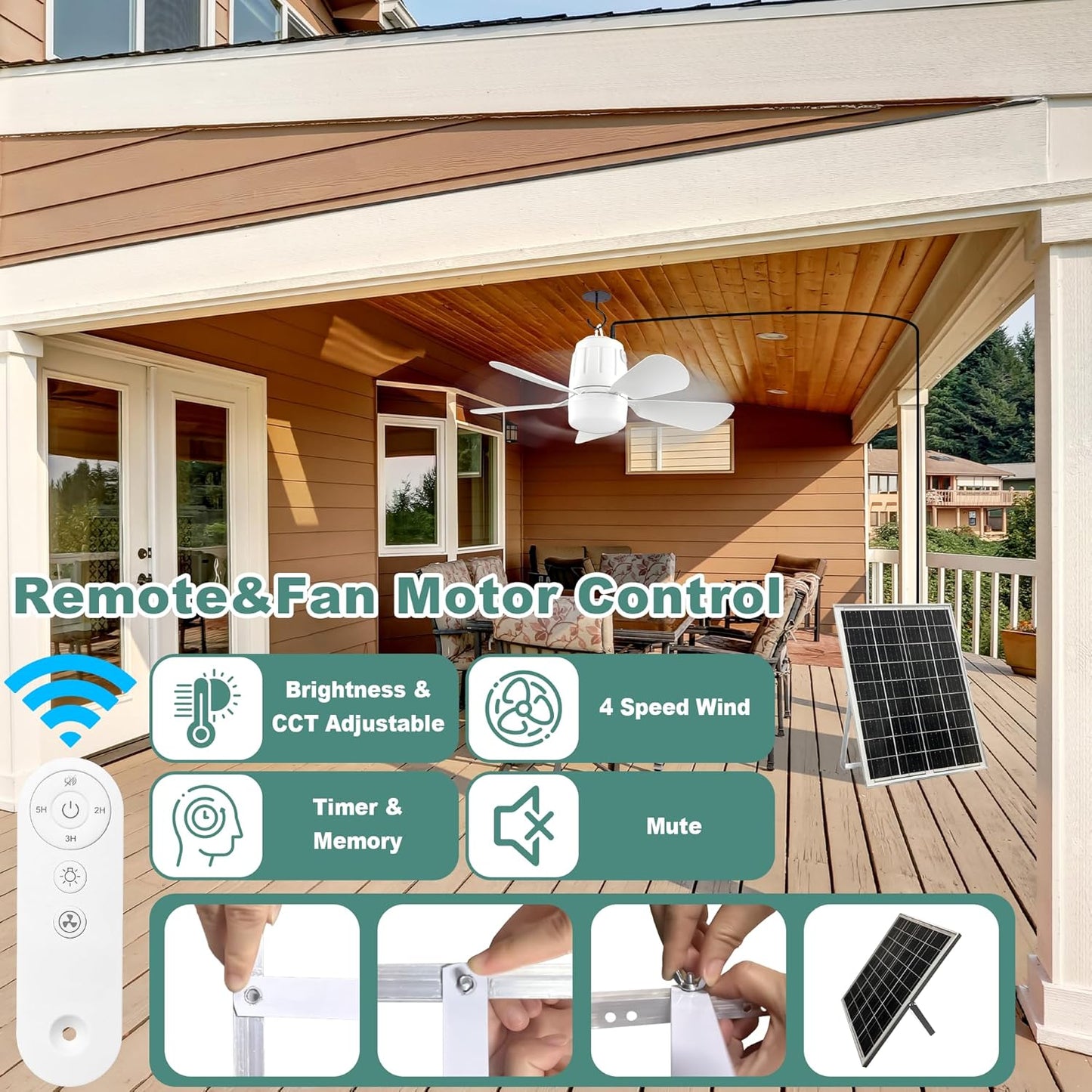Solar Ceiling Fan Light, 20000mAh Portable Gazebo fan with 30W Solar Powered Fan with Remote Control, Outdoor Ceiling Fan with Light for Patios, Canopy, Shed, RV, Porch and Chicken Coop