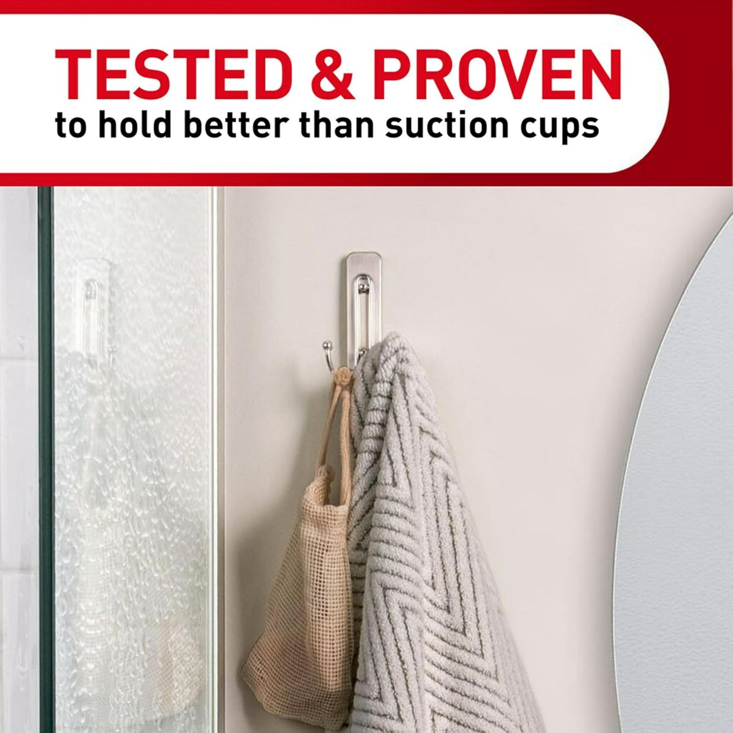 Command Large Double Bathroom Wall Hook, Damage-Free Hanging with Adhesive Strip, Great for Hanging Bath Towels, 1 Satin Nickel Wall Hook and 1 Water-Resistant Strip, Holds up to 4 lb