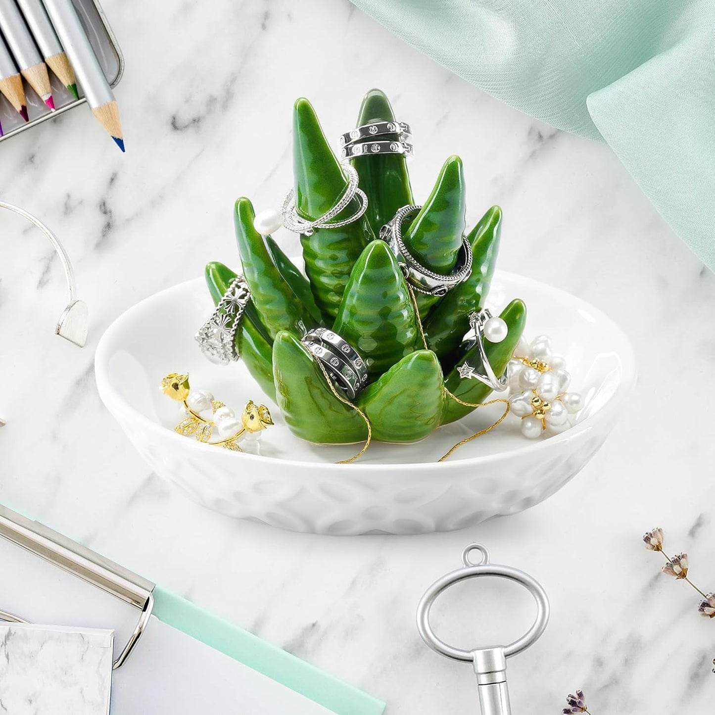 OSOPOLA Ceramic Aloe Jewelry Tray - Decorative Ring Holder Dish Key Tr