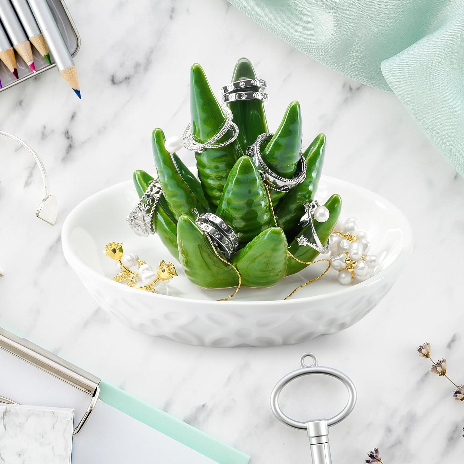 OSOPOLA Ceramic Aloe Jewelry Tray - Decorative Ring Holder Dish Key Tr