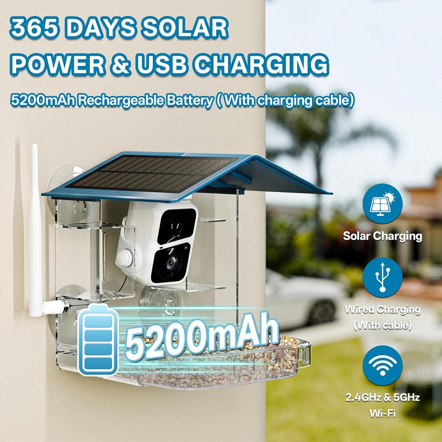 Smart Bird Feeder with Camera Solar Powered, 2.4Ghz/5Ghz WiFi Instant Notifications Smart Window Bird Feeder for Outdoor, 2K HD AI Identify Birds SpeciesGifts for BirdLovers Kids Grandparents