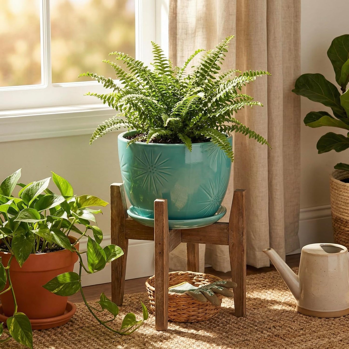 MyGift 7 Inch Round Turquoise Ceramic Plant Pot with Drainage Hole and