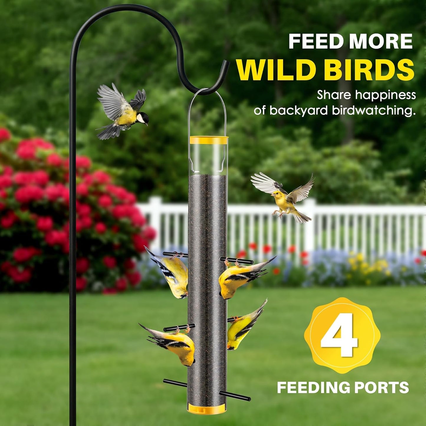 Thistle Feeder for Goldfinches with Upside Feeding Design, Hanging Finch Feeder for Outside, 15.9-Inch Tube Bird Feeders with 6 Small Ports & 3 Perches, Easy to Refill and Clean, Yellow