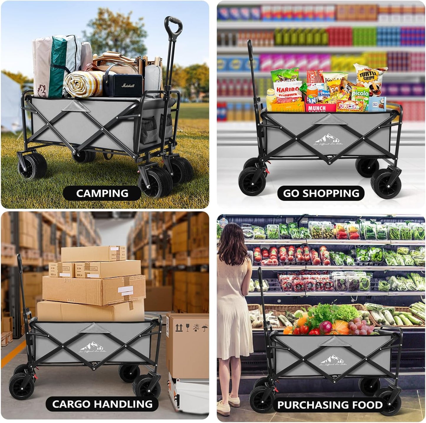 Large Collapsible Wagon Cart Heavy Duty Foldable, Large Capacity Foldable Grocery Beach Wagon for Camping Sports Shopping, Gray