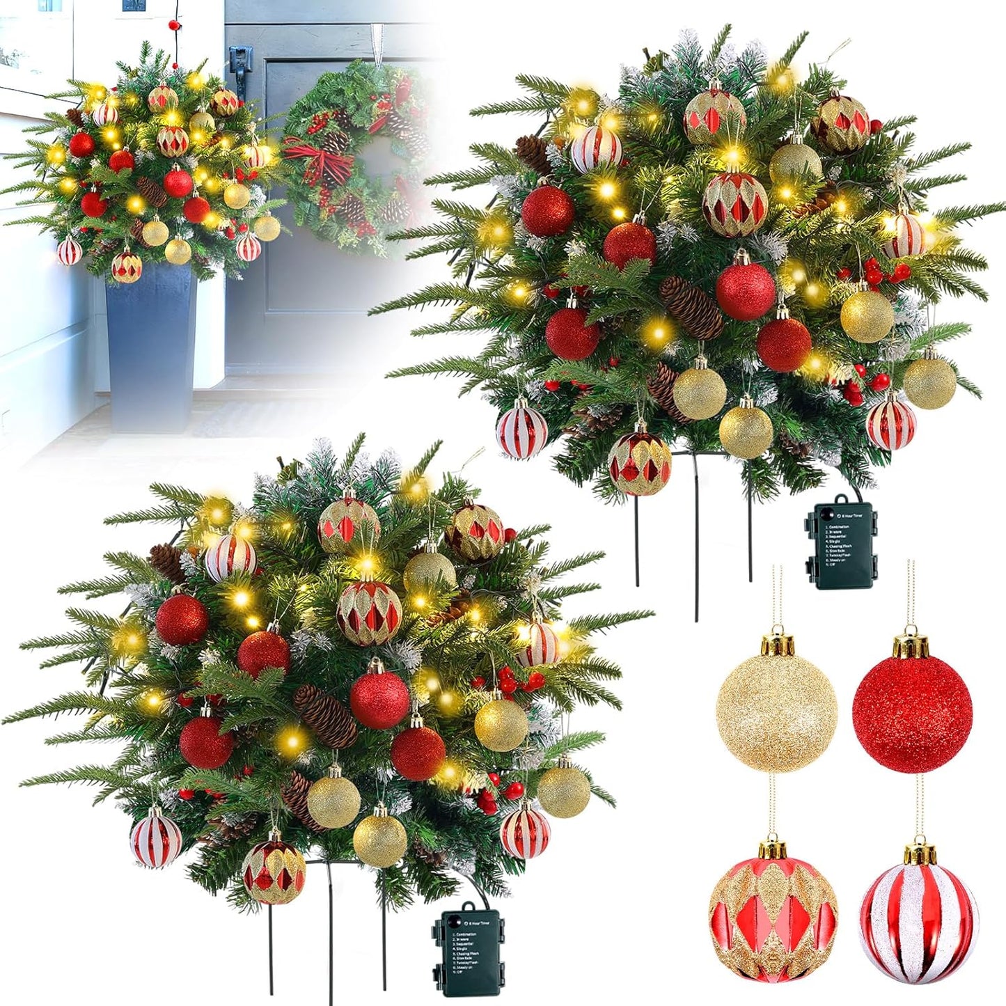 2 Pack Christmas Tree Urn Filler Battery Operated Pre-lit Xmas Pine Trees with Christmas Balls Tripod Stake LED Lights for Porch Yard Garden Outdoor Holiday Decorations