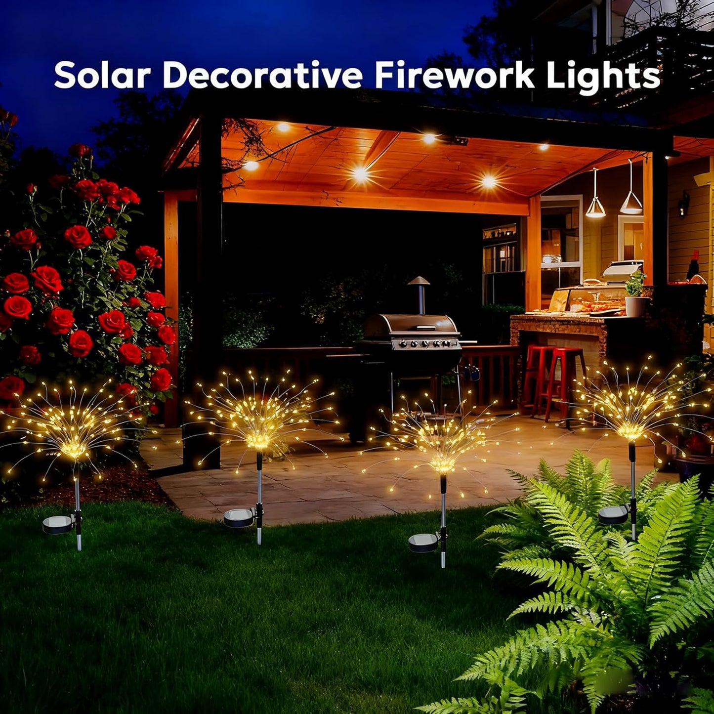 4 Pack Solar Firework Lights, 200 LED Outdoor Waterproof Garden Decorative Lights, for Party, Home, Christmas Decoration (Warm Ligh)