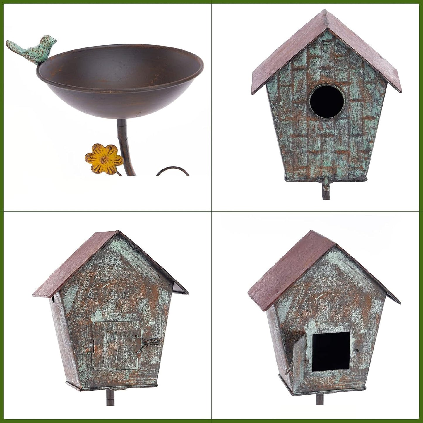 Bird Baths and BirdHouses with Pole, Distressed Metal Bird Bath Bowl and Birdhouse Stake for Outdoor Garden Yard Decoration (Bird Baths/BirdHouses-B)