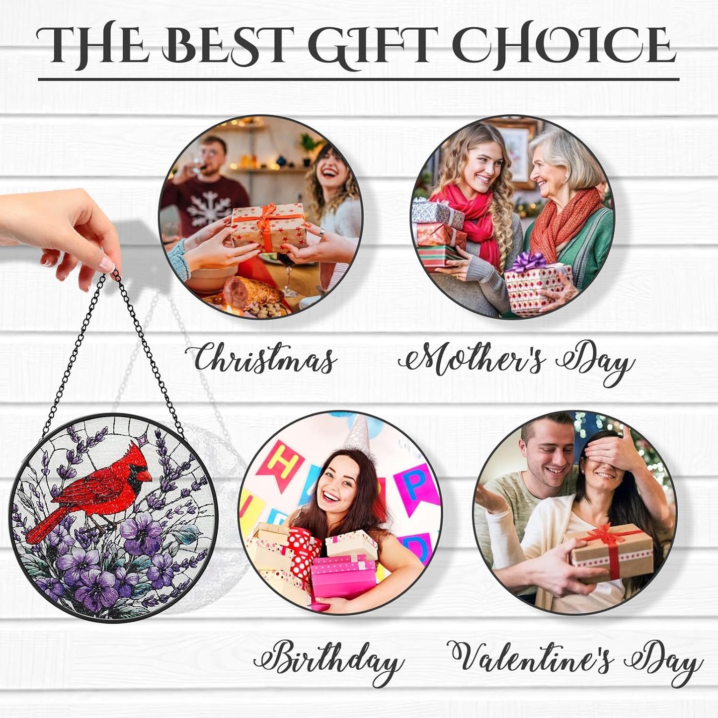 Stained Glass Window Hanging, Cardinal on a Flower Sun Catcher for Window Door Home Decor Suncatcher Decor for Christmas Mother's Day Birthday Gifts for Women Men Mom and Nana 7.87 inch