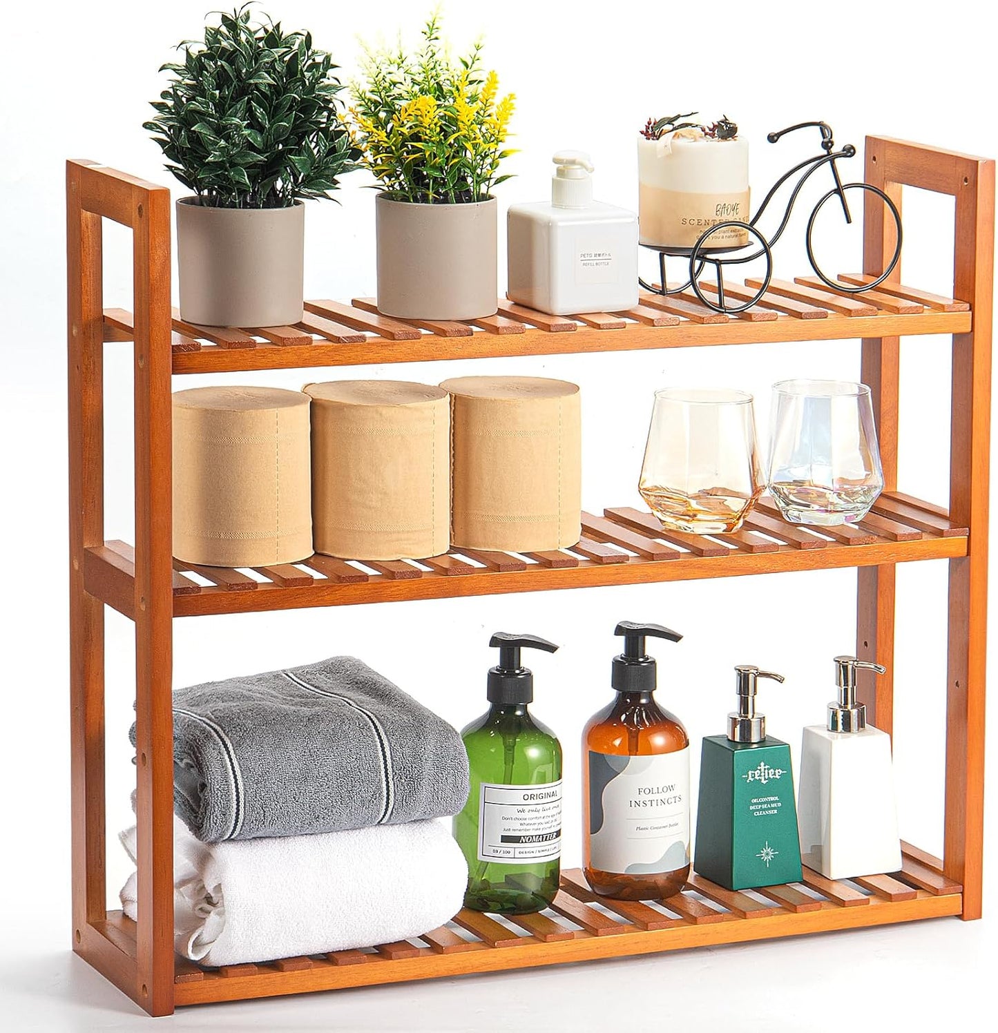 Wood Bathroom Shelf, 3-Tier Adjustable Shoes Rack&Plants Rack, Wall-Mo