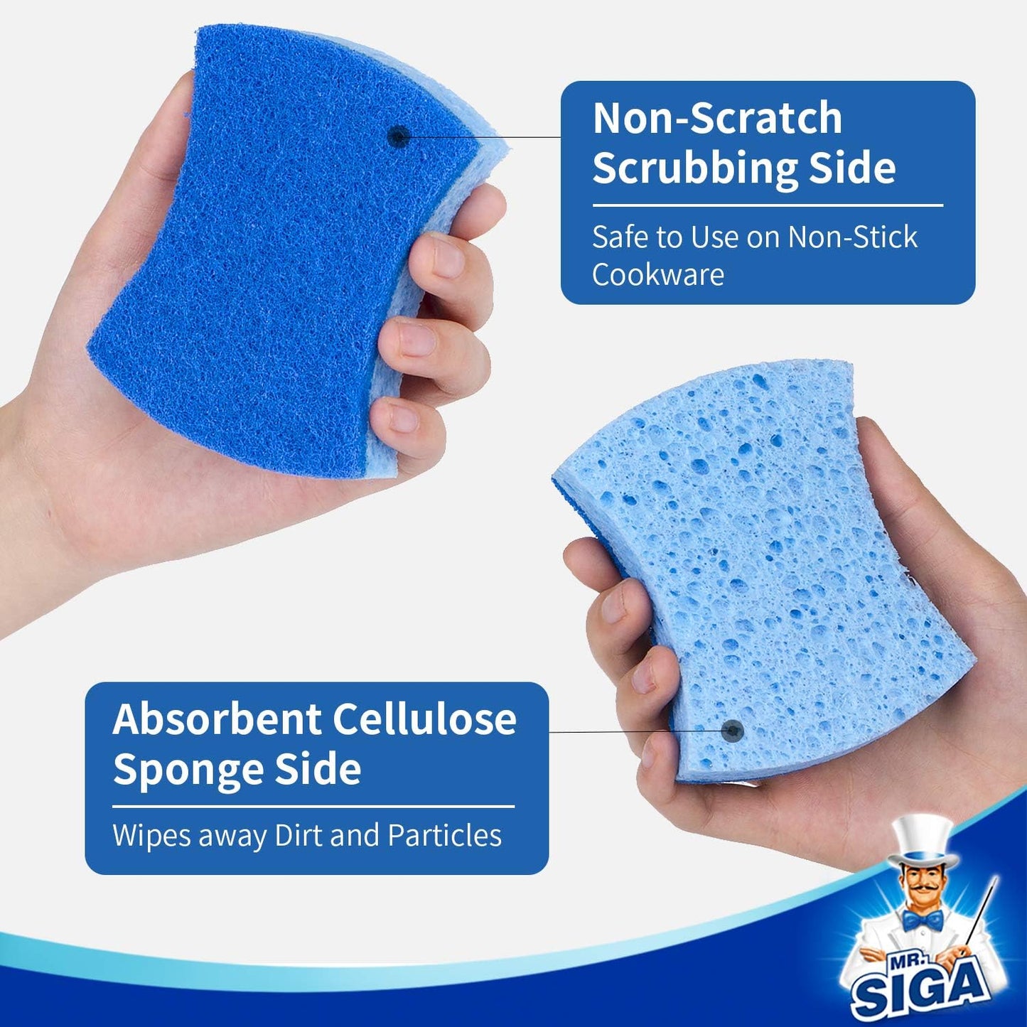 MR.SIGA Non-Scratch Cellulose Scrub Sponge, Dual-Sided Dishwashing Spo