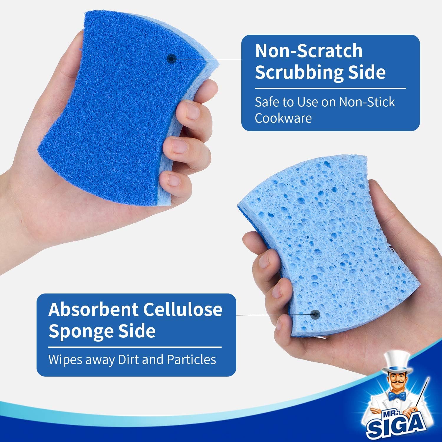 MR.SIGA Non-Scratch Cellulose Scrub Sponge, Dual-Sided Dishwashing Spo