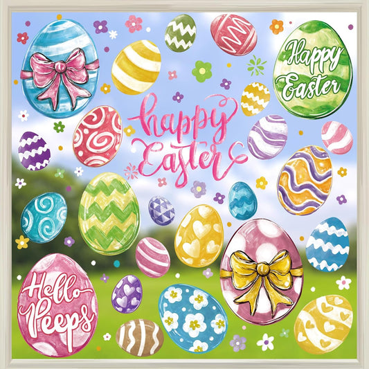 DIYDEC 6 Sheets Easter Window Clings Large Easter Eggs Window Decals Oil Painting Eggs Flowers Stickers for Home Office School Decor Spring Glass Window Decoration