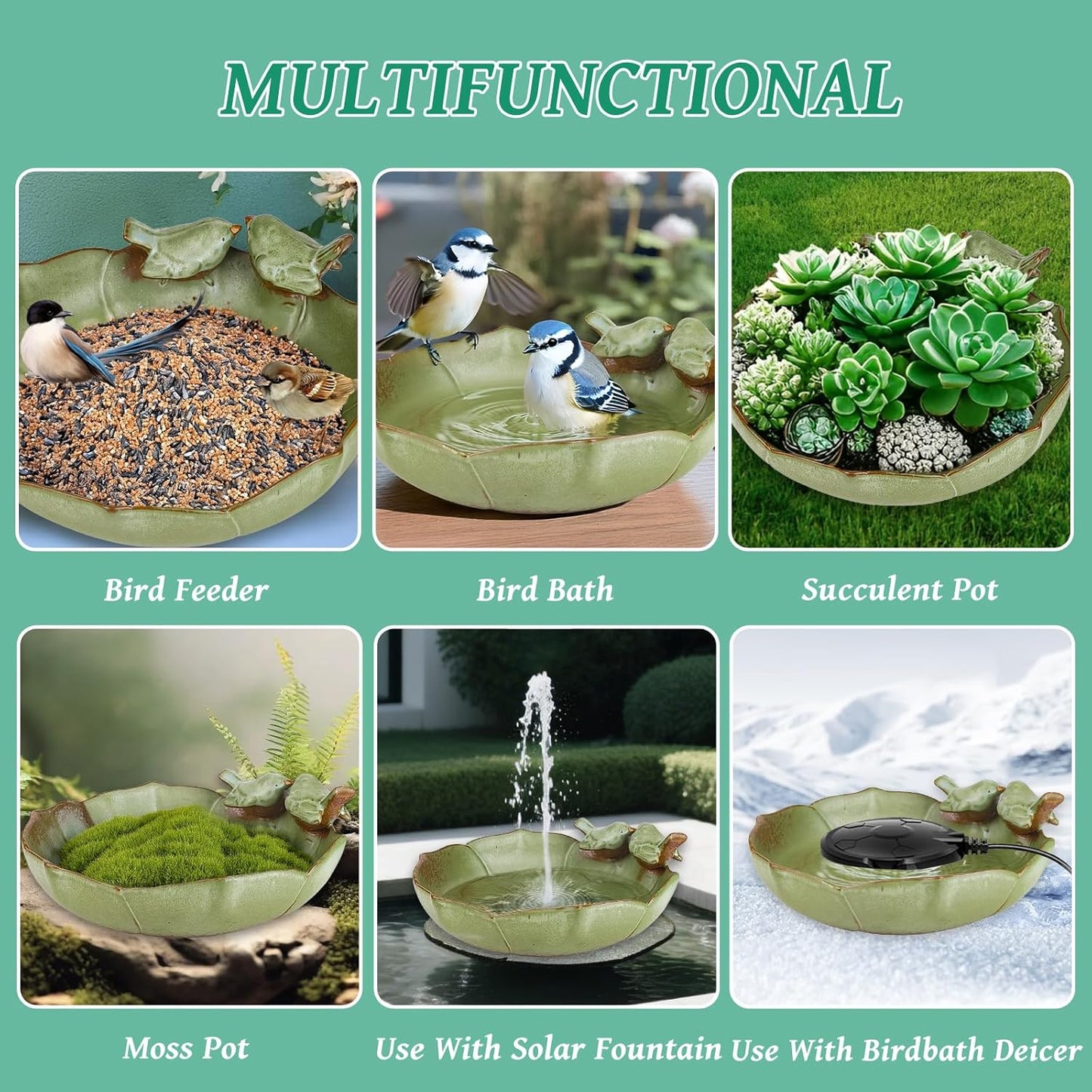 Ceramic Bird Bath Bowl for Outdoors, 9.45-Inch Ground & Tabletop Garden Decor, Weather-Resistant Birdbath for Deck, Balcony, Lawn - Easy Clean Bowl Only - Sage Color